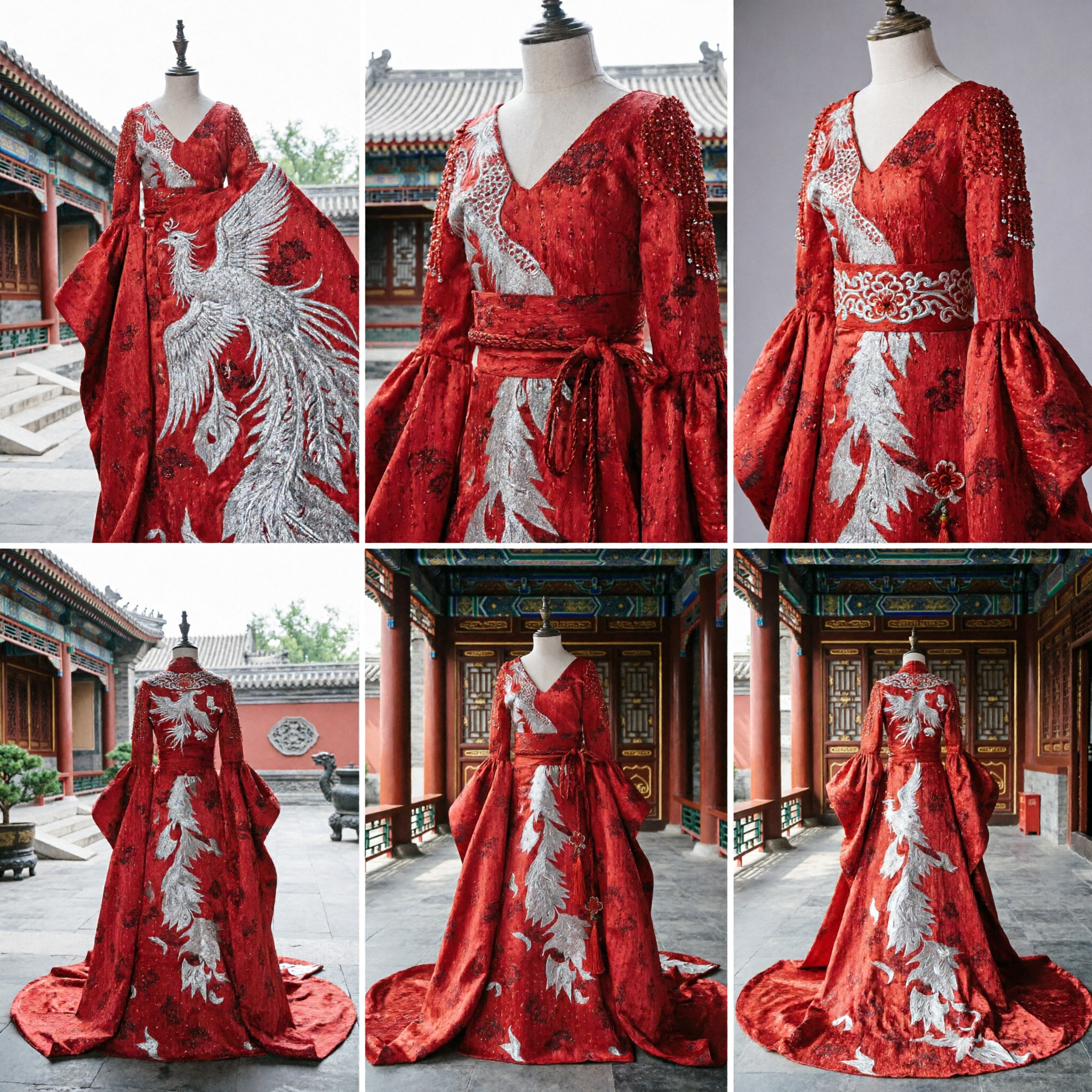 Women's Red Traditional Chinese Hanfu Dress with Silver Dragon Embroidery Ancient Wedding Costume Outfit