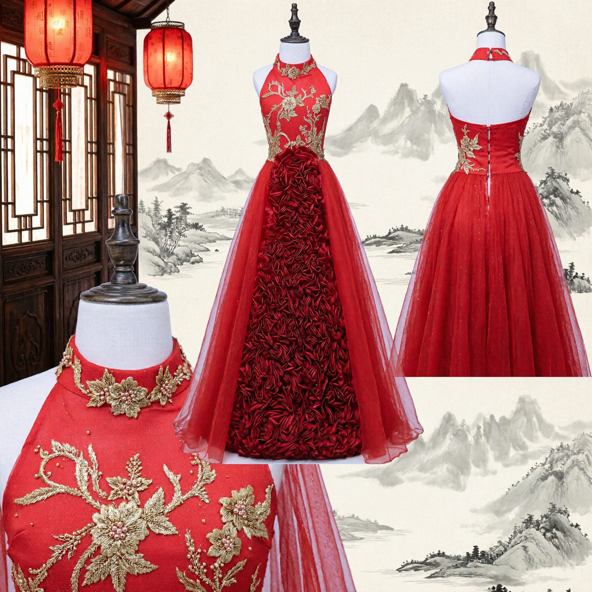 Elegant Red Chinese Wedding Toast Dress Gold Embroidered Halter Gown with Rosette Skirt for Banquet