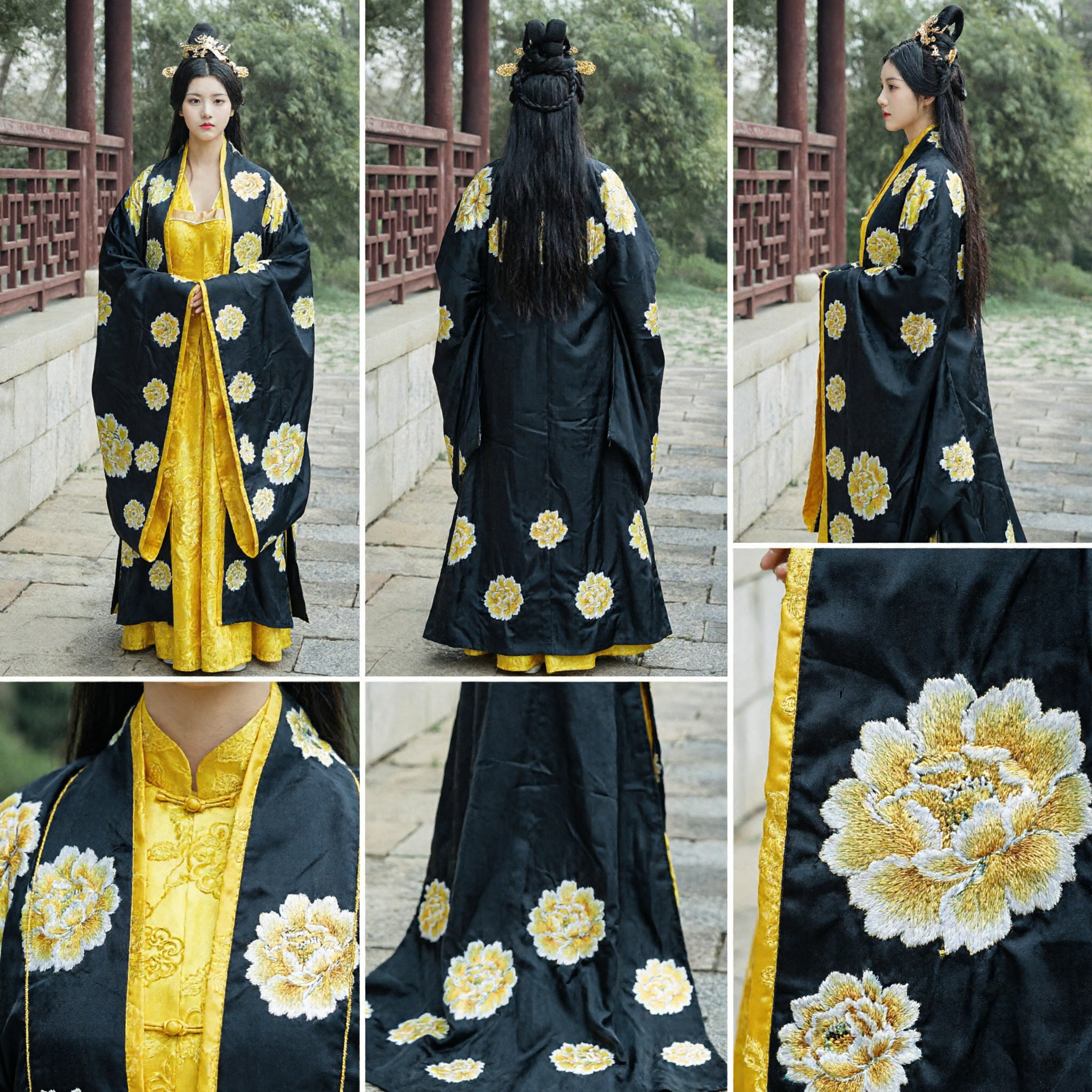 Traditional Chinese Tang Dynasty Hanfu Costume Yellow Princess Dress with Black Floral Robe for Women
