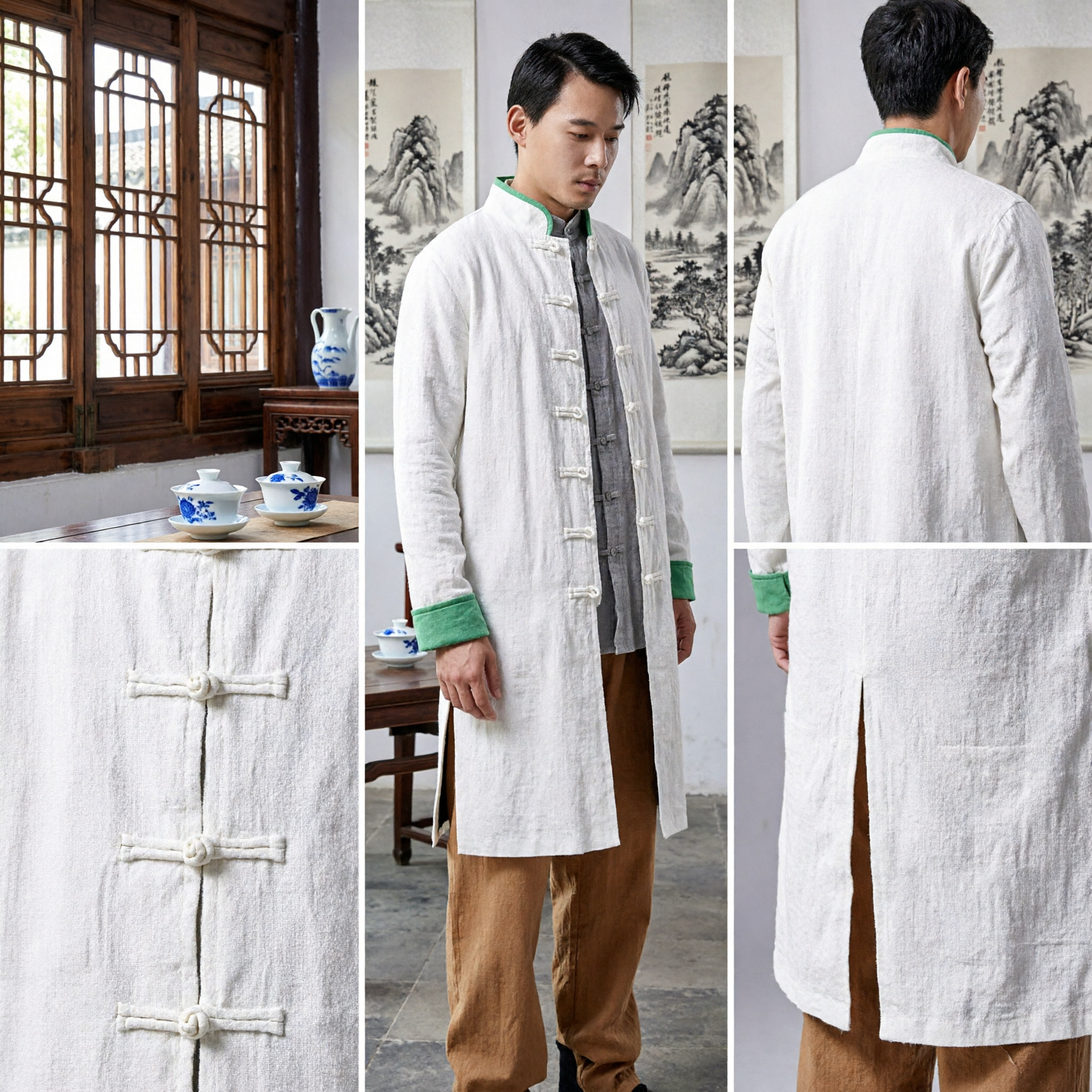 Men's Traditional Chinese Tang Suit Long Coat Kung Fu Tai Chi Uniform Linen Jacket with Mandarin Collar