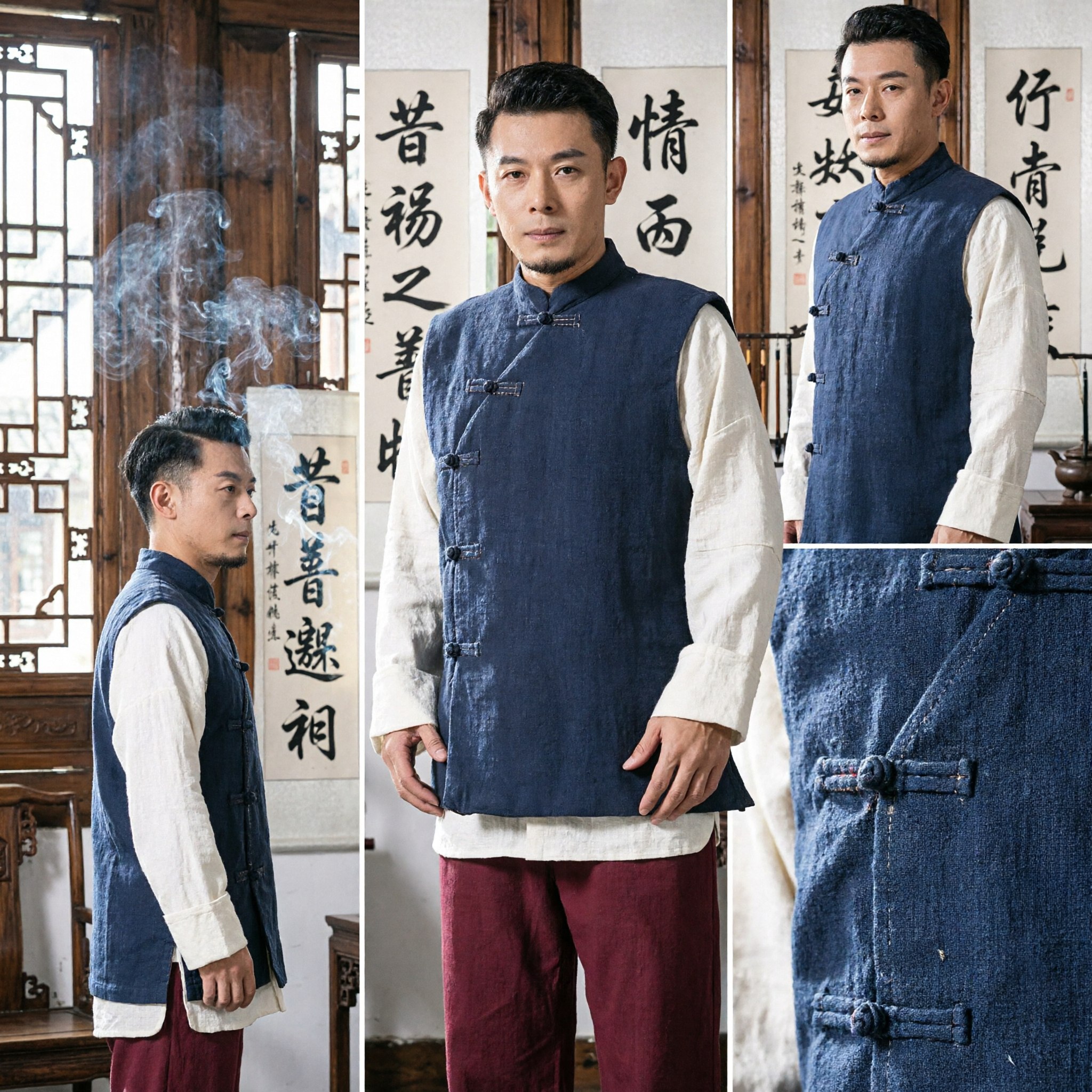 Men's Traditional Chinese Linen Vest Tang Suit Waistcoat with Mandarin Collar for Casual Daily Wear