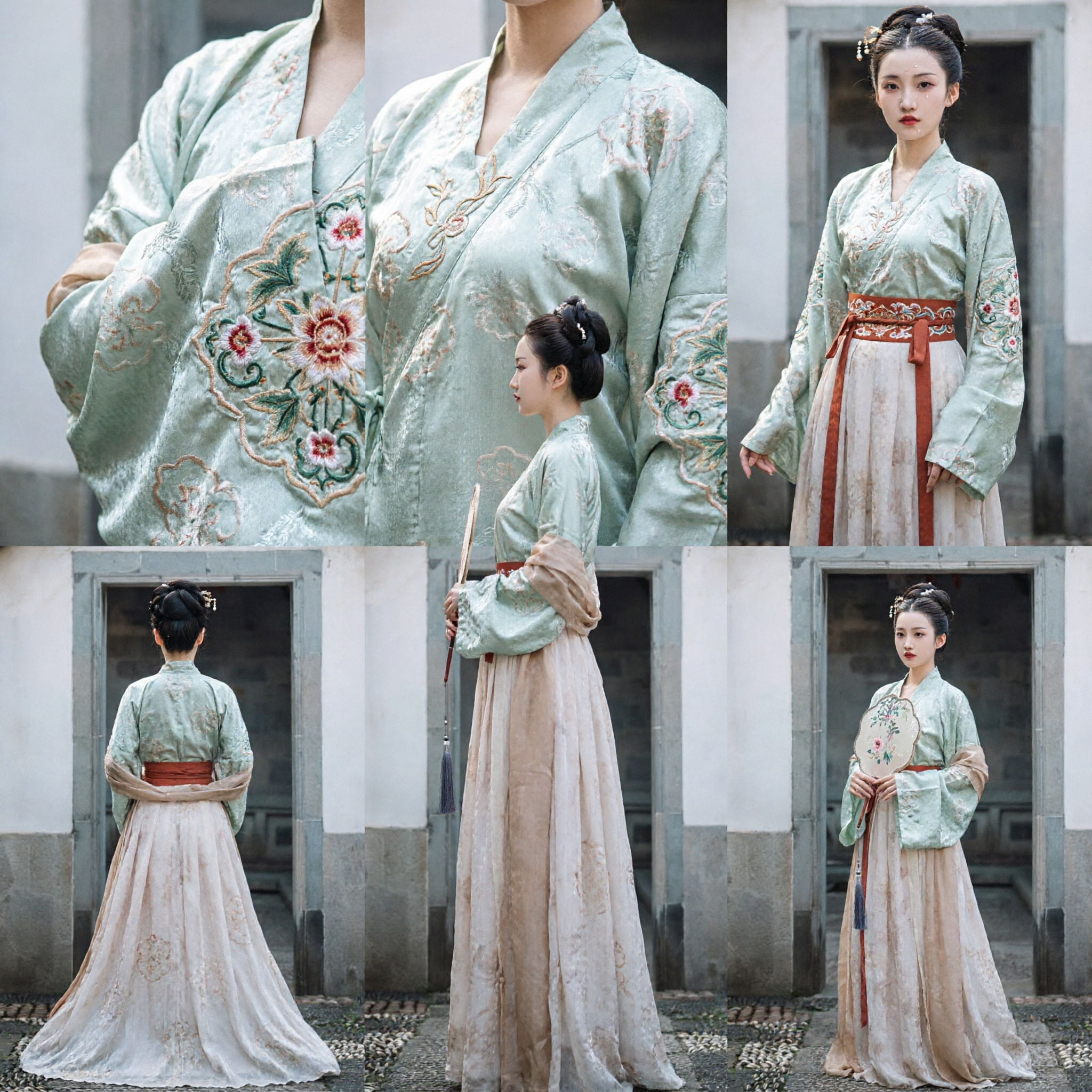 Traditional Chinese Hanfu Costume for Women Ancient Ming Dynasty Style Light Green Top and Beige Skirt Set for Photography