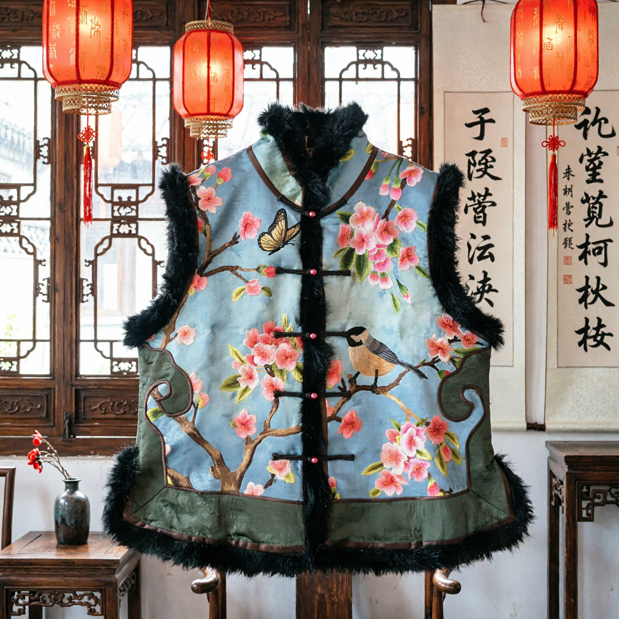 Traditional Chinese Embroidered Silk Vest Women Tang Suit Floral Bird Pattern Fur Trim Winter Warm Waistcoat