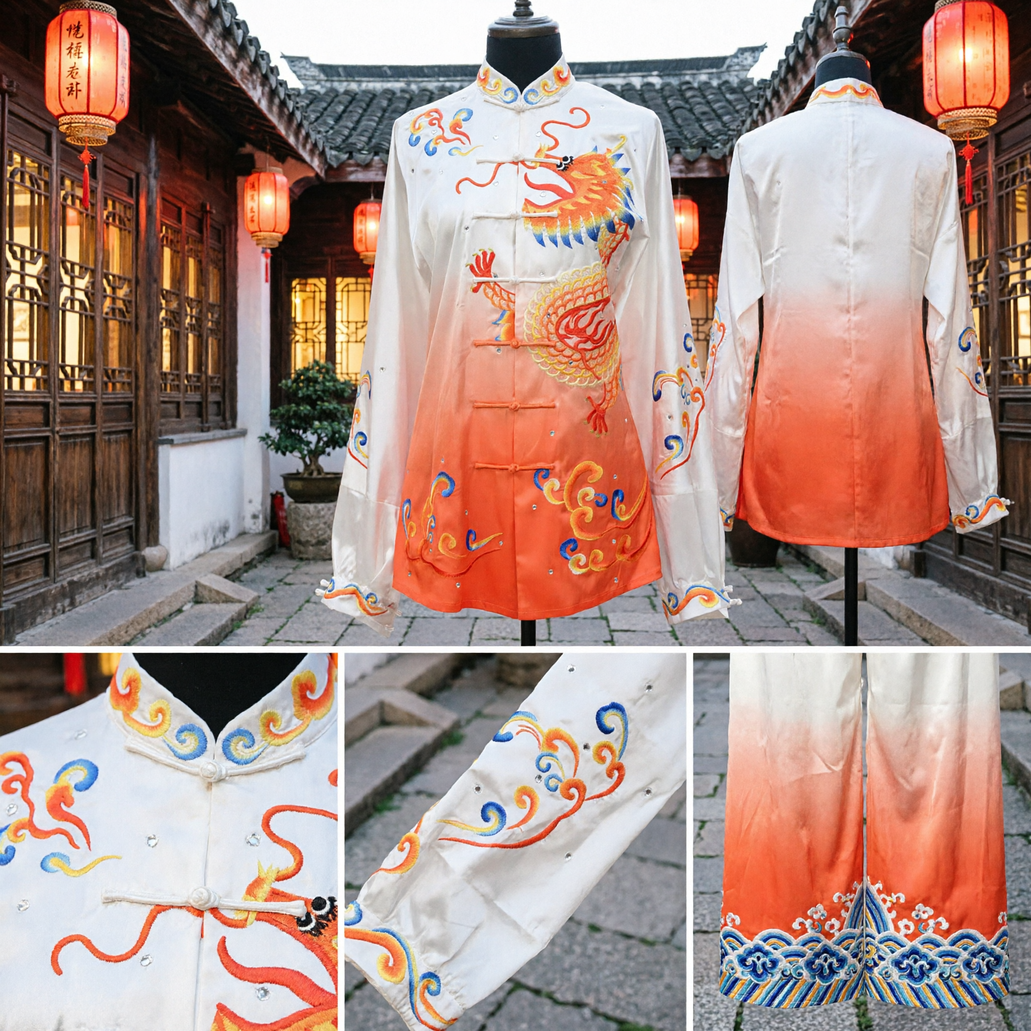 Traditional Chinese Kung Fu Uniform Dragon Embroidery Satin Tai Chi Suit Orange Ombre Martial Arts Costume