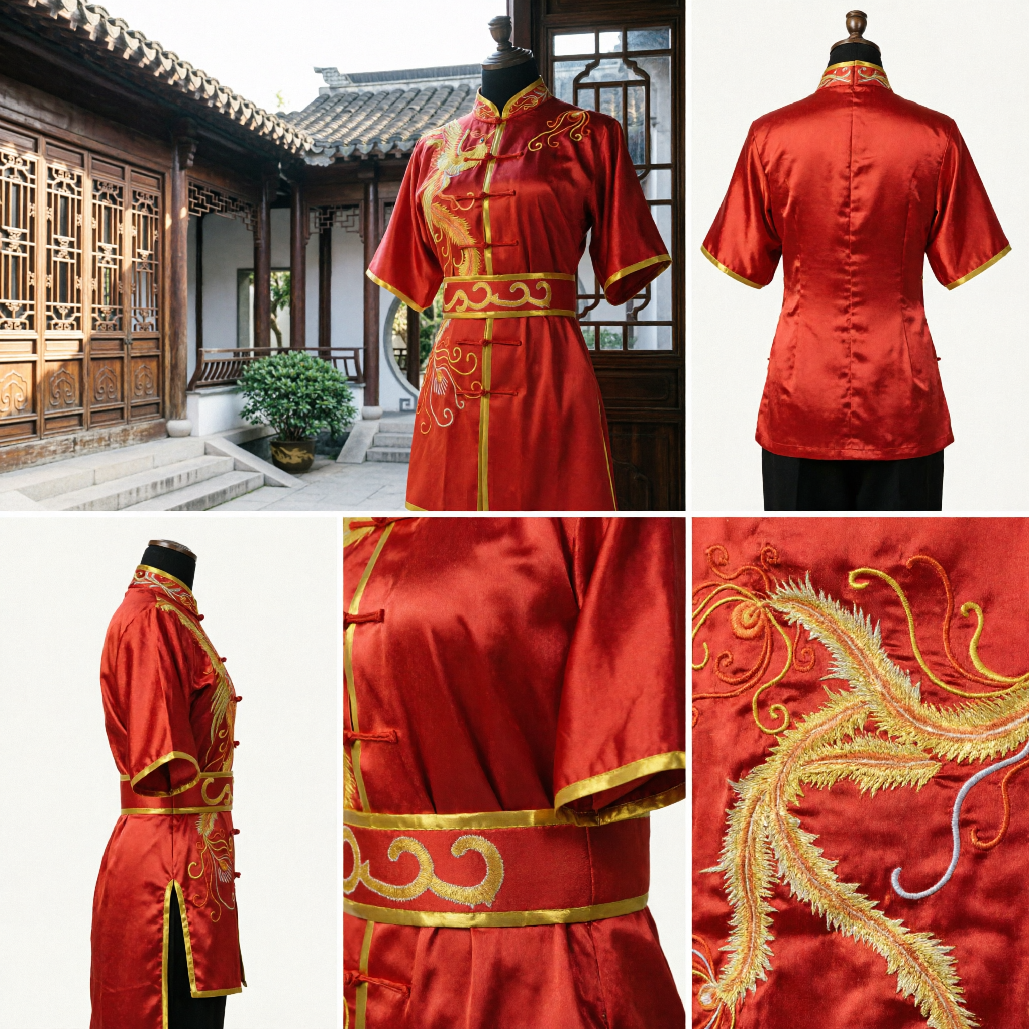 Red Chinese Dragon Phoenix Embroidery Kung Fu Uniform Traditional Satin Wushu Tai Chi Performance Costume for Men