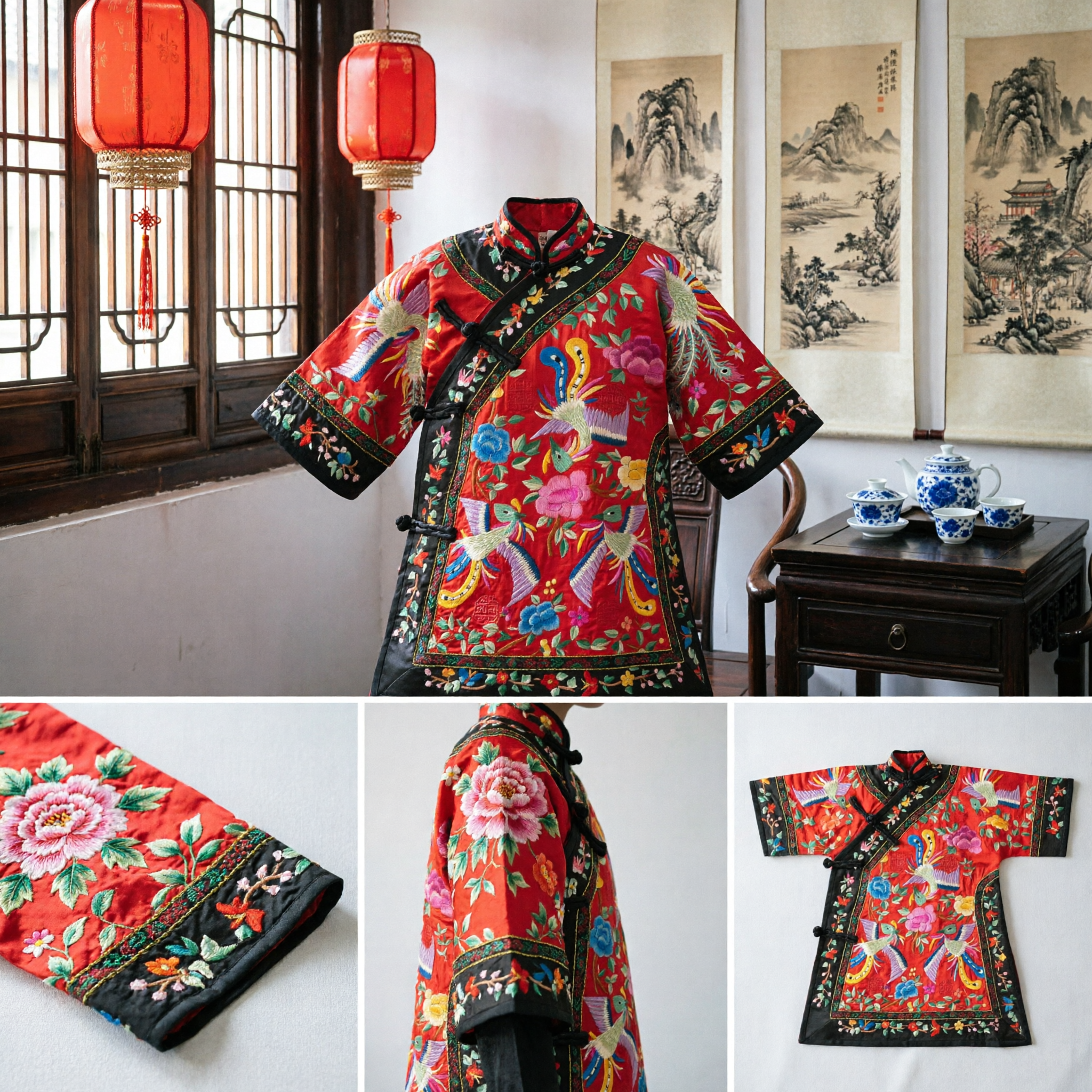 Traditional Chinese Children's Red Embroidered Phoenix Jacket Tang Suit Costume for Baby Boy Girl Lunar New Year