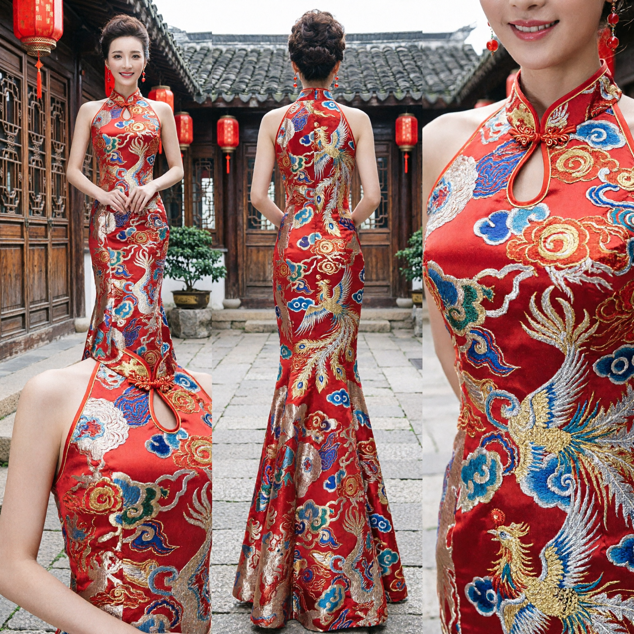 Traditional Red Chinese Wedding Dress Dragon Phoenix Pattern Mermaid Qipao Evening Gown for Bride