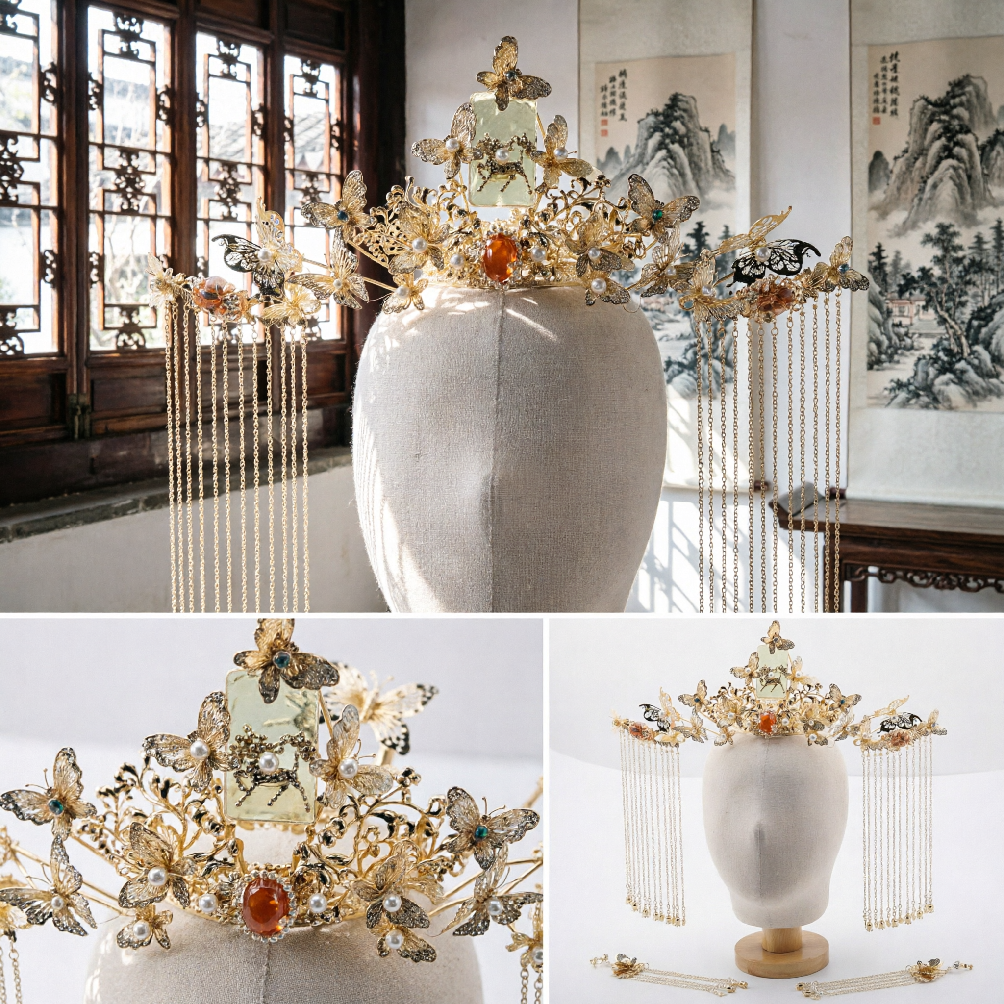 Traditional Chinese Gold Butterfly Hair Crown with Long Tassels Ancient Hanfu Headpiece Set for Wedding Bride