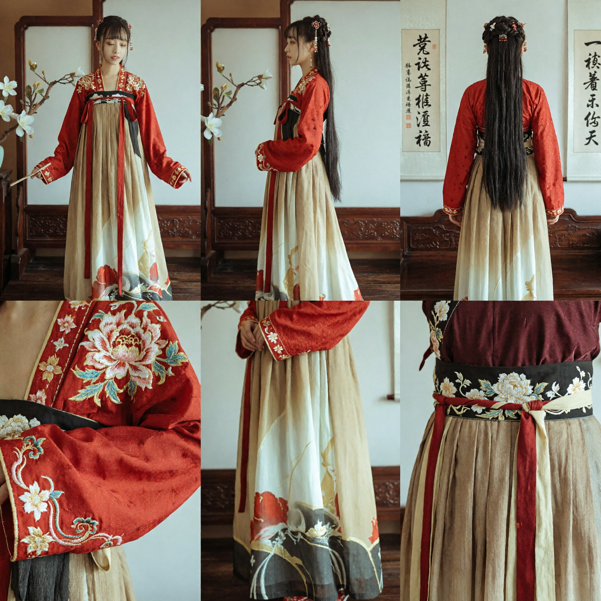 Traditional Chinese Tang Dynasty Hanfu Costume Red Embroidered Top and Long Skirt Set for Women