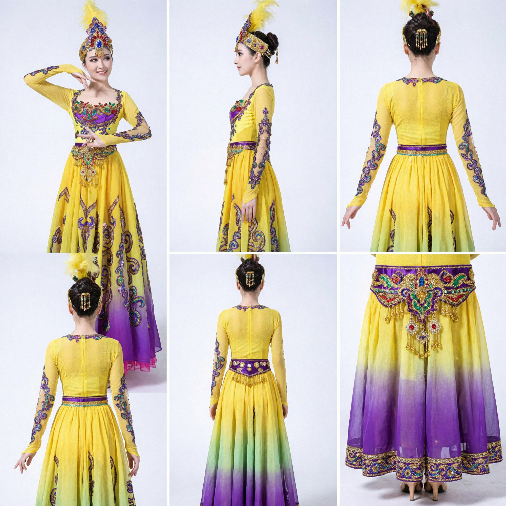 Traditional Chinese Xinjiang Uyghur Dance Costume Women's Yellow Purple Gradient Dress with Headdress for Stage Performance