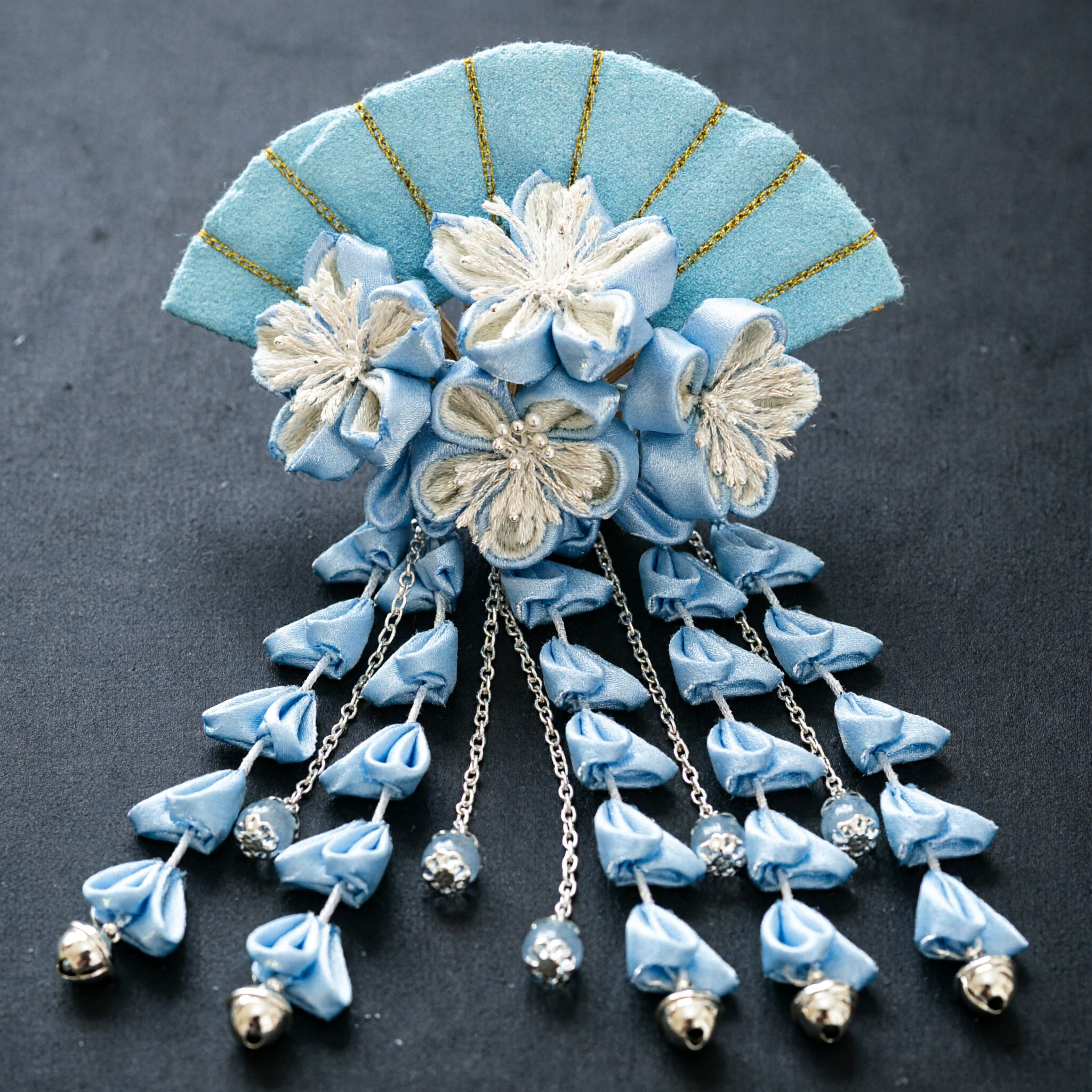 Traditional Blue Floral Hairpin with Fan and Bells for Women Hanfu Ancient Costume Hair Accessories