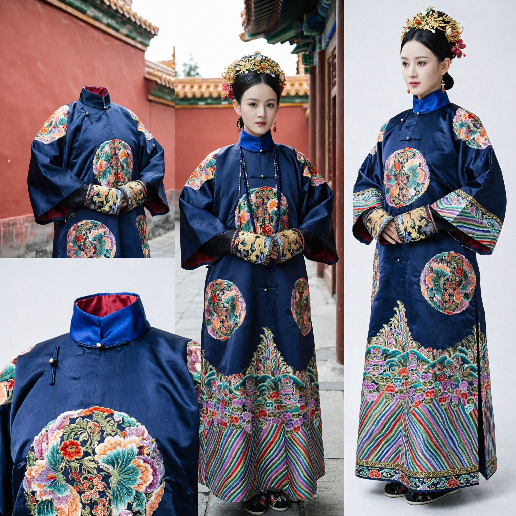 Traditional Chinese Qing Dynasty Manchu Empress Costume Blue Embroidered Dragon Robe for Women Historical Cosplay