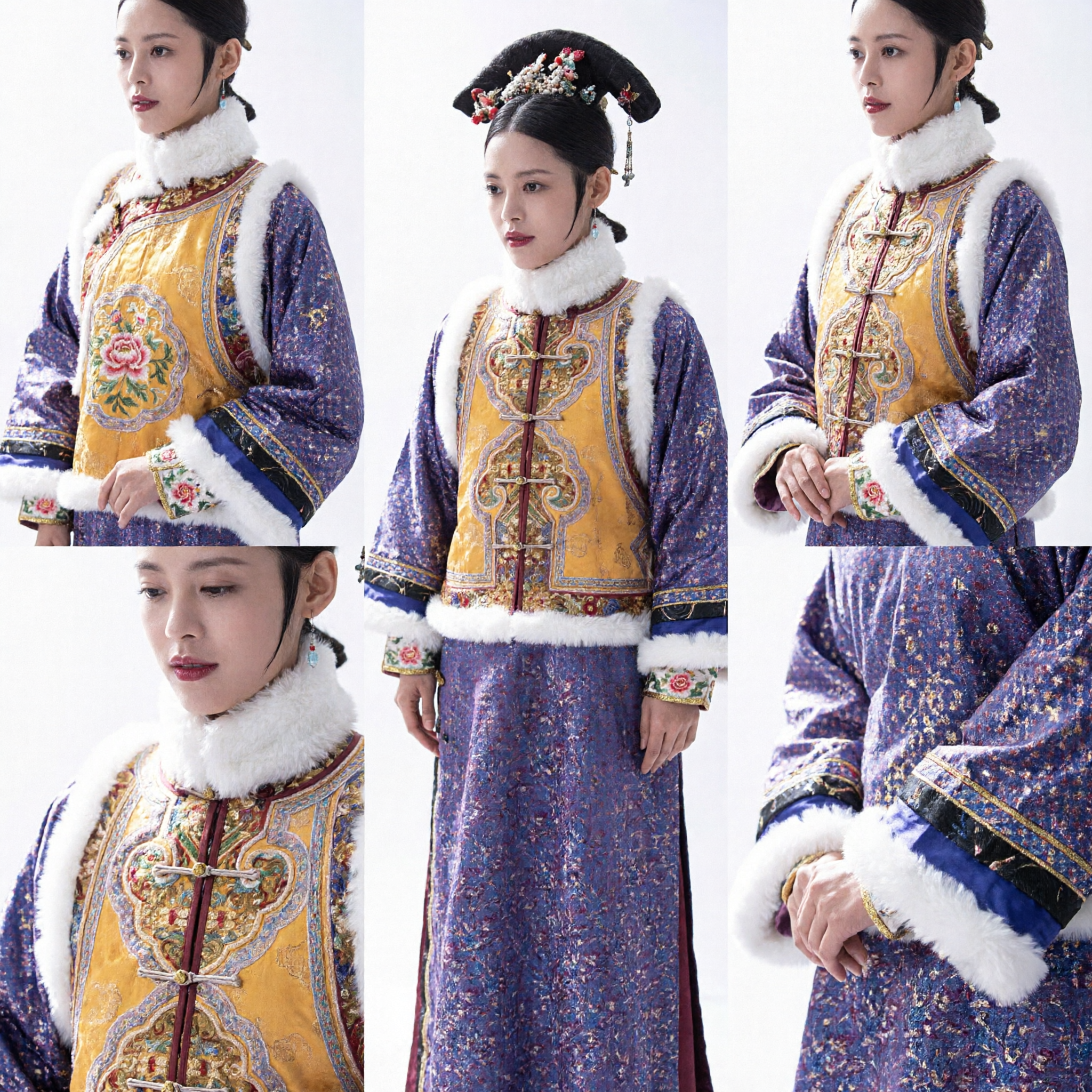 Traditional Chinese Qing Dynasty Manchu Princess Costume Purple Embroidered Robe with Fur Trim for Women Cosplay