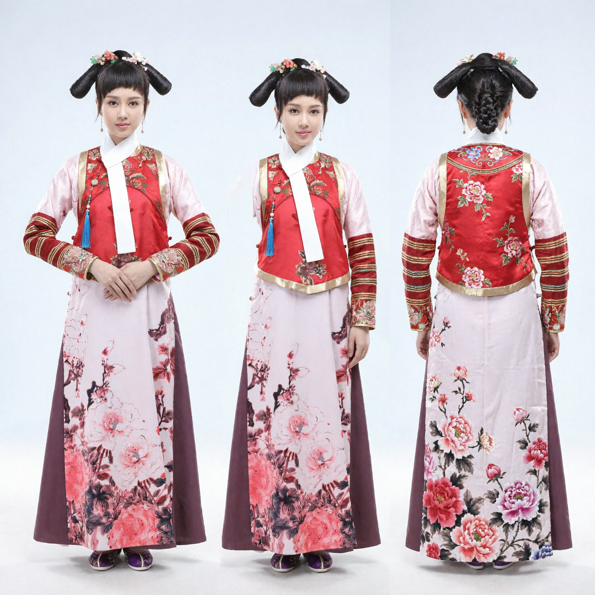 Traditional Chinese Qing Dynasty Palace Lady Costume Red Embroidered Ancient Manchu Princess Dress Hanfu for Women