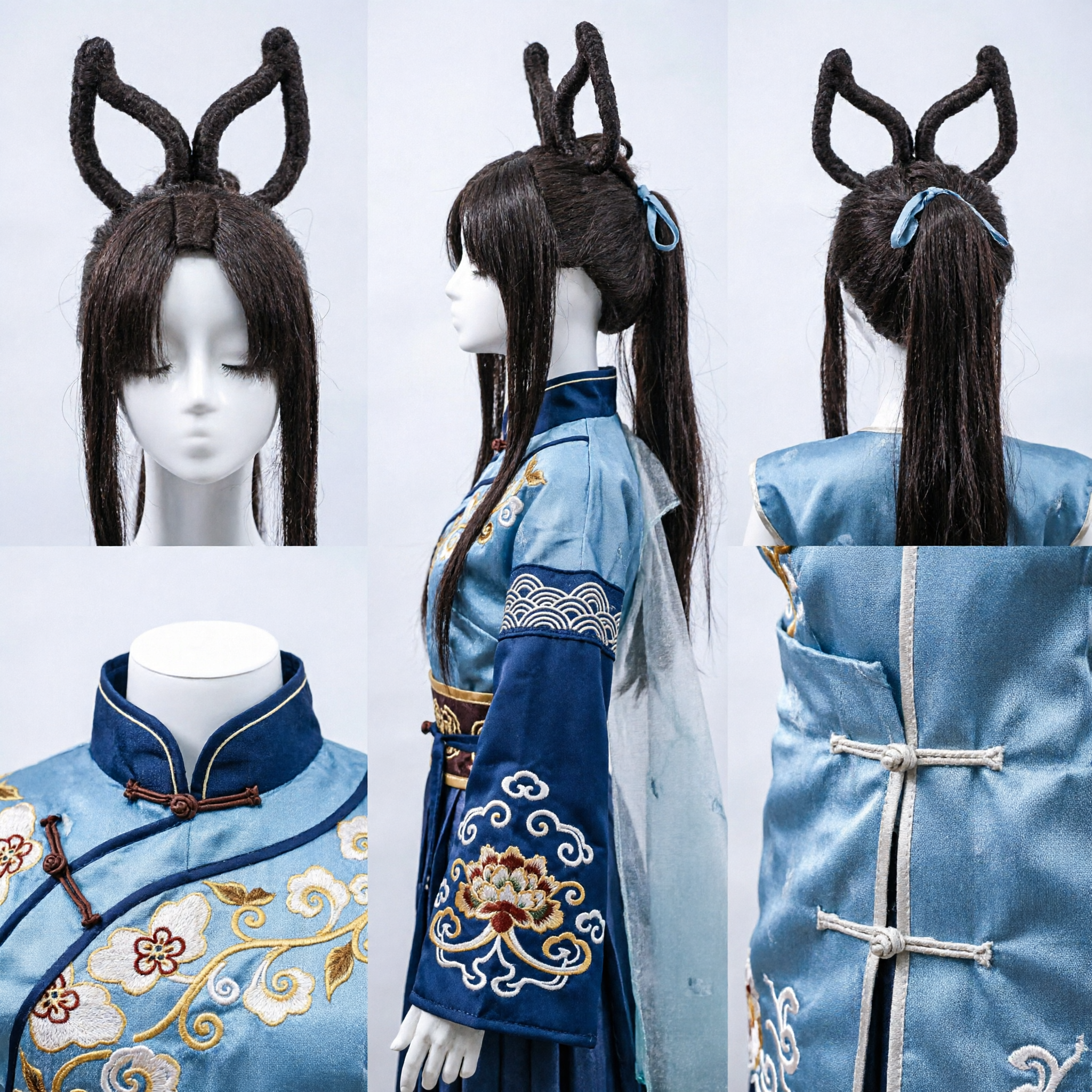 Traditional Chinese Ancient Style Black Wig with Double Looped Buns for Hanfu Cosplay and Theater Performance