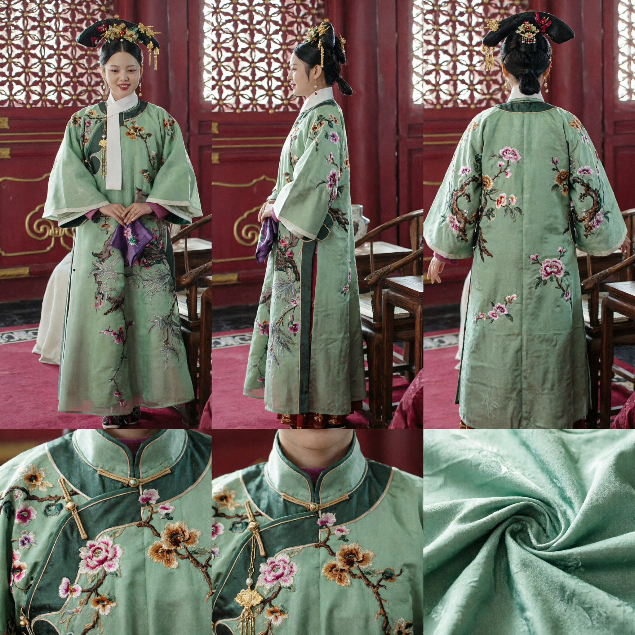 Traditional Chinese Qing Dynasty Green Floral Embroidered Robe Costume for Women Historical Cosplay and Performance