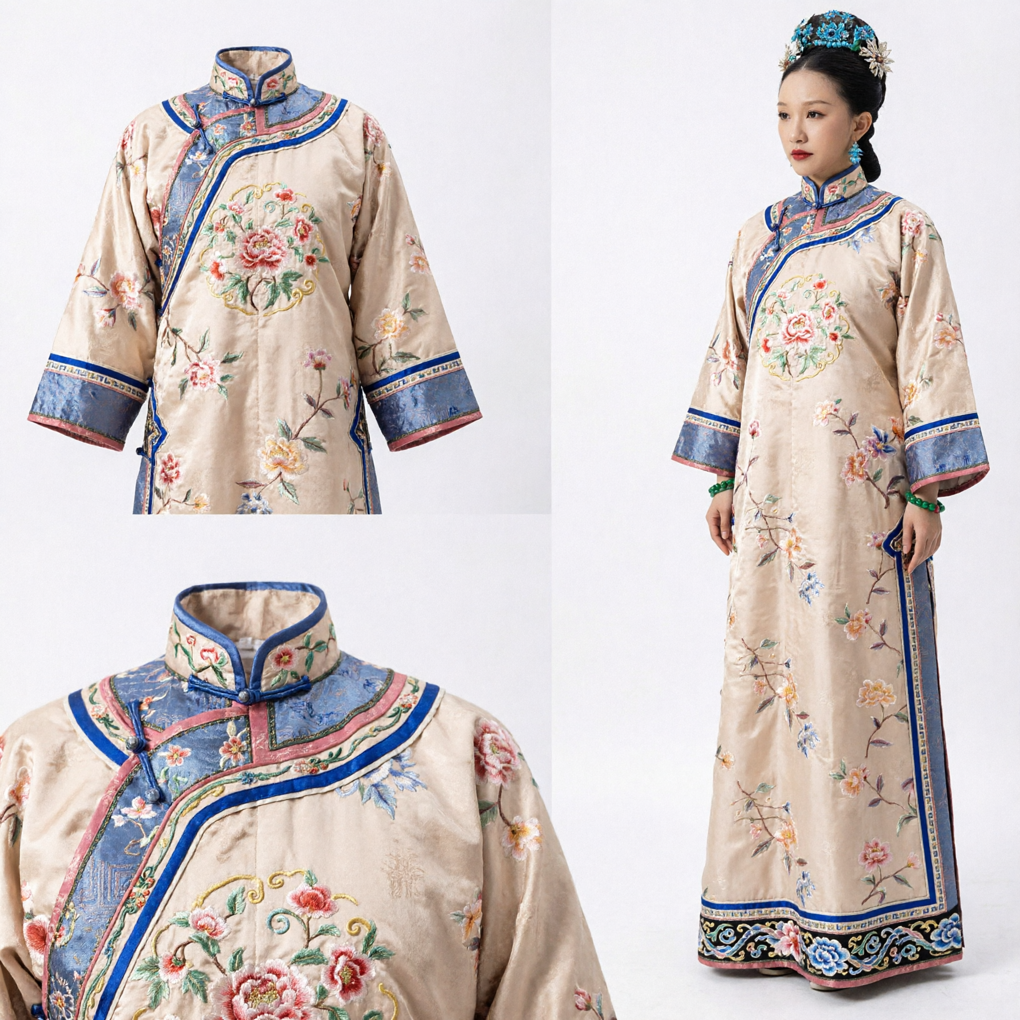 Chinese Traditional Qing Dynasty Palace Lady Costume Beige Floral Embroidered Robe for Women Historical Drama Cosplay
