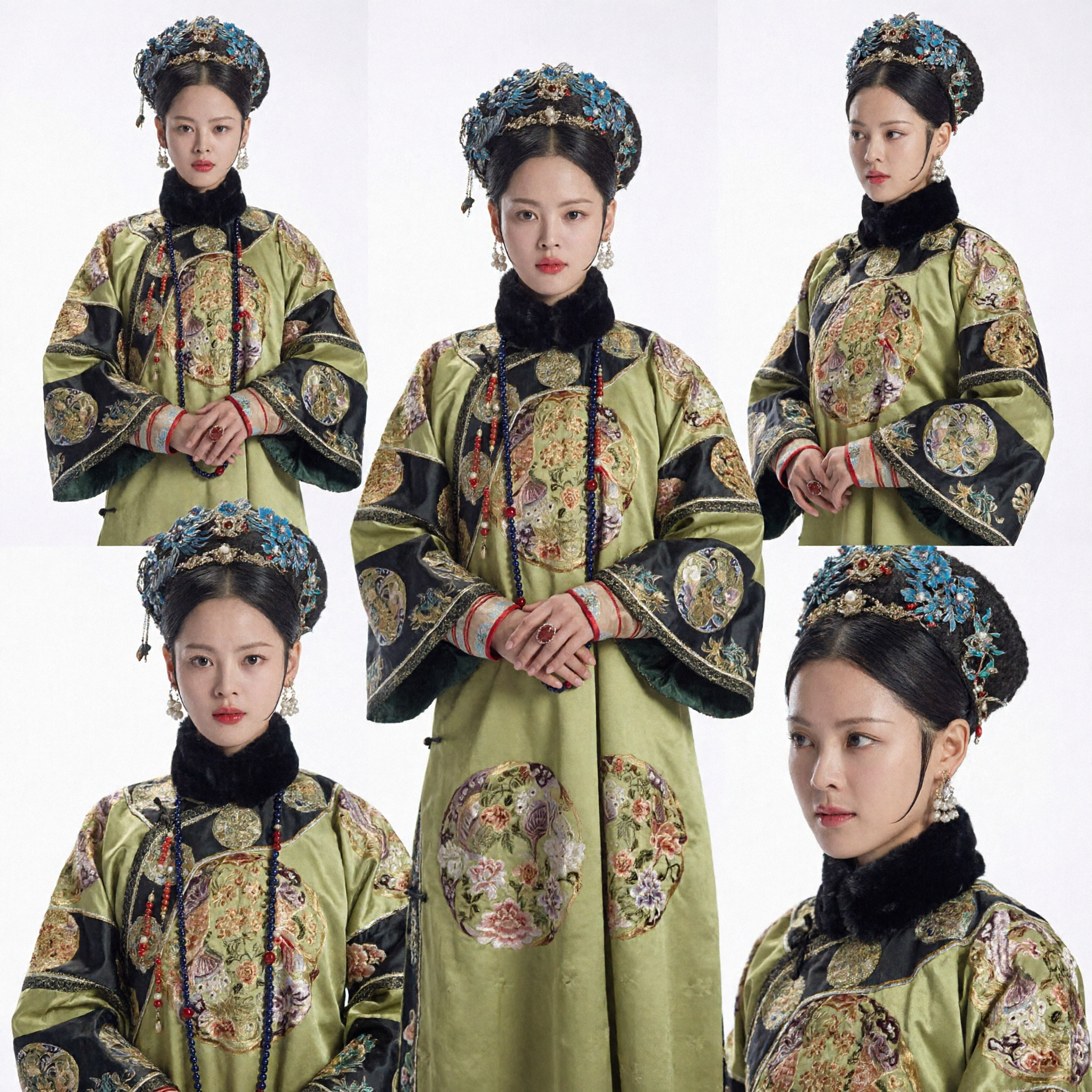 Ancient Chinese Qing Dynasty Green Embroidered Manchu Noblewoman Costume with Headdress for Women Cosplay