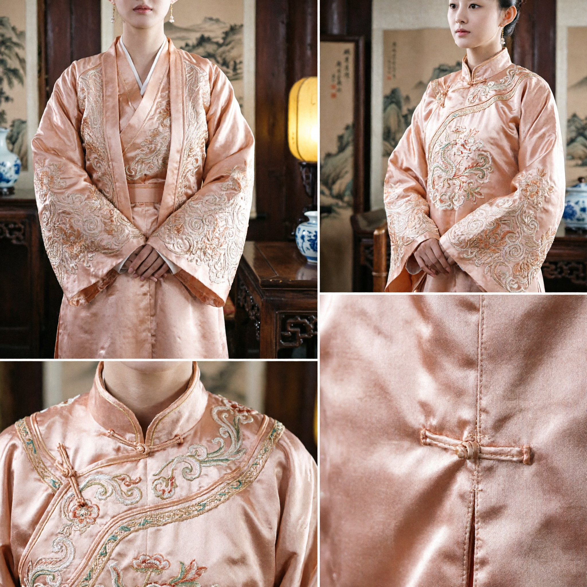 Ancient Chinese Song Dynasty Hanfu Costume Women Peach Embroidery Cross-Collar Top Traditional Dress