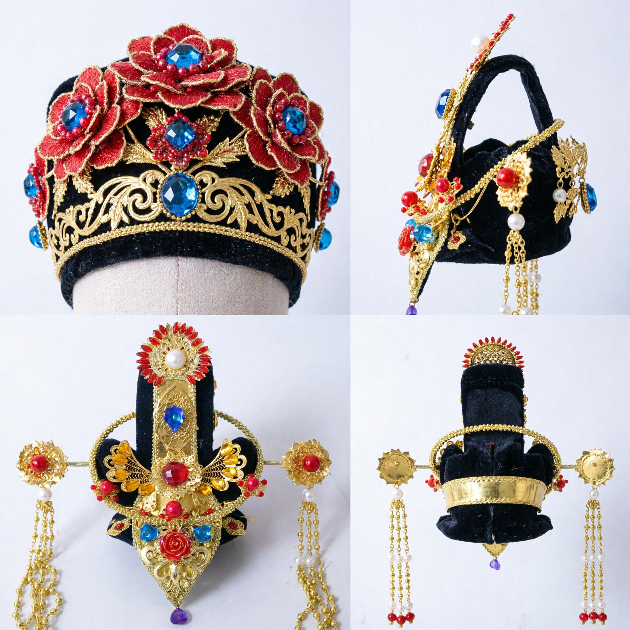 Traditional Chinese Ancient Palace Empress Crown Gold Red Jeweled Headdress for Hanfu and Opera