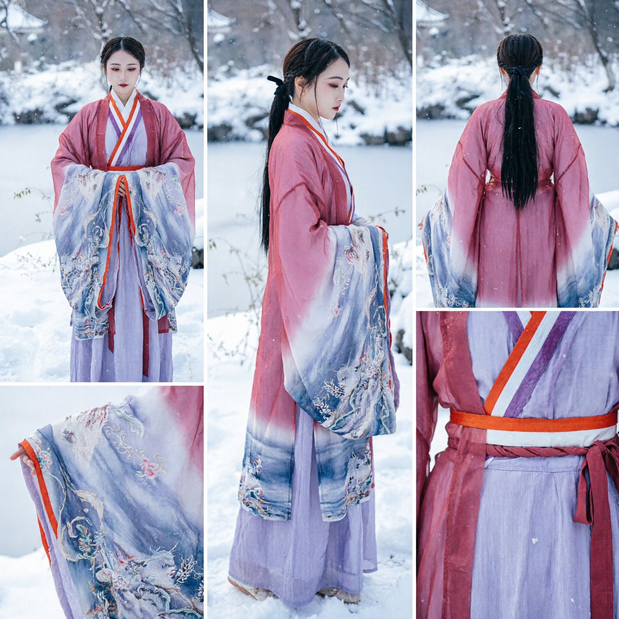 Women's Traditional Chinese Hanfu Pink Sheer Robe and Purple Landscape Skirt Ancient Costume for Cosplay