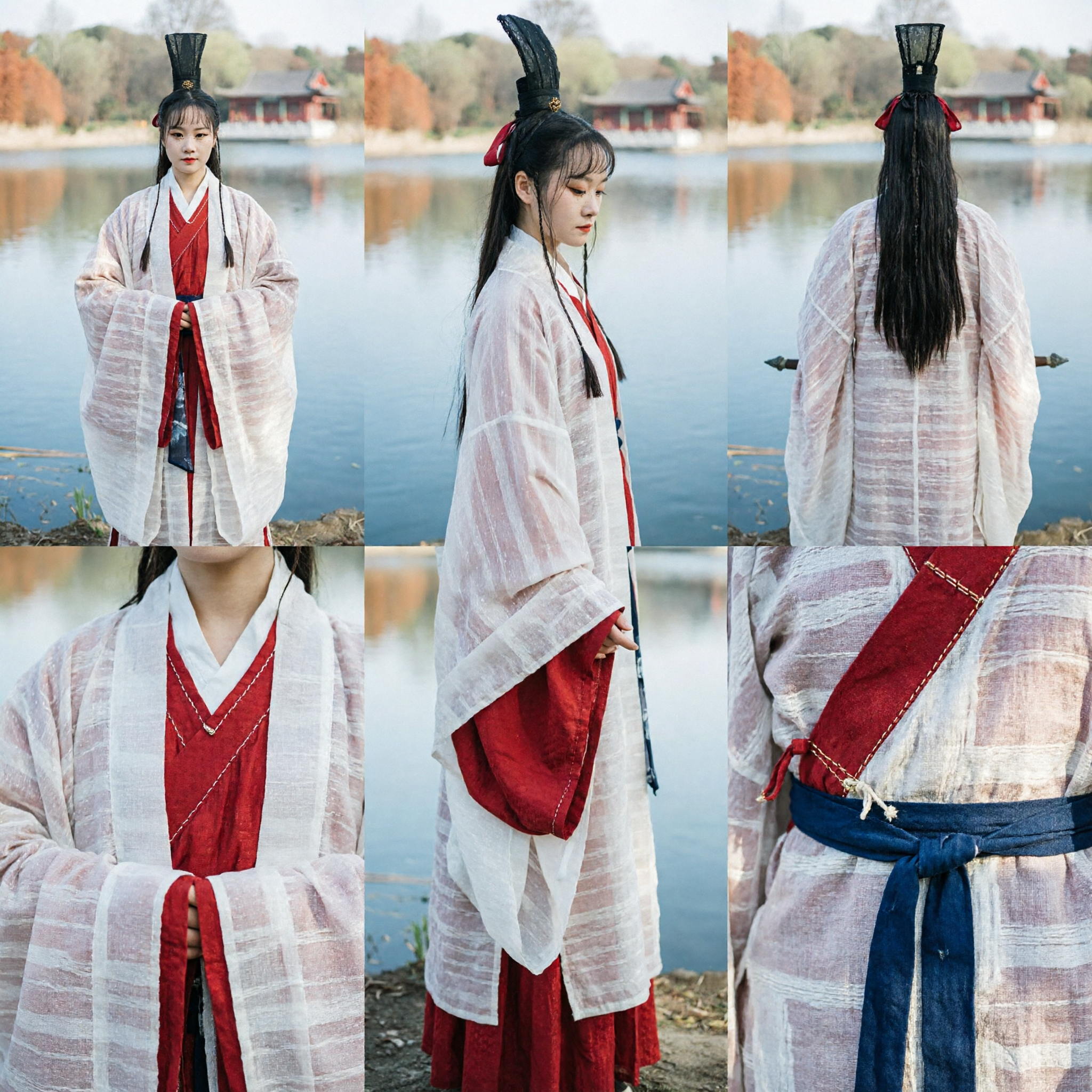 Traditional Chinese Ancient Swordswoman Hanfu Costume White Striped Robe with Red Dress for Women Cosplay