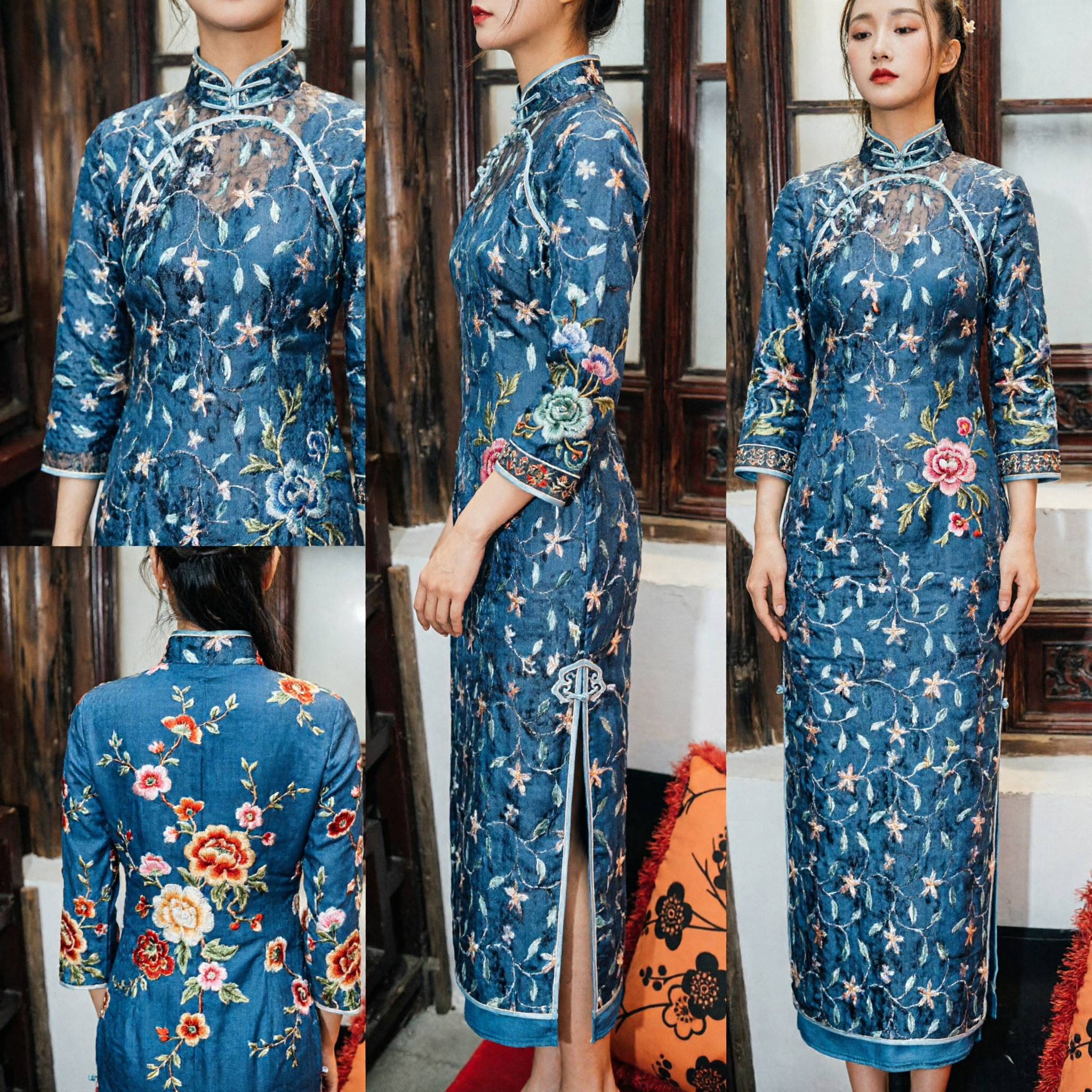 Elegant Blue Floral Lace Cheongsam Qipao Traditional Chinese Vintage Dress for Women Special Occasion