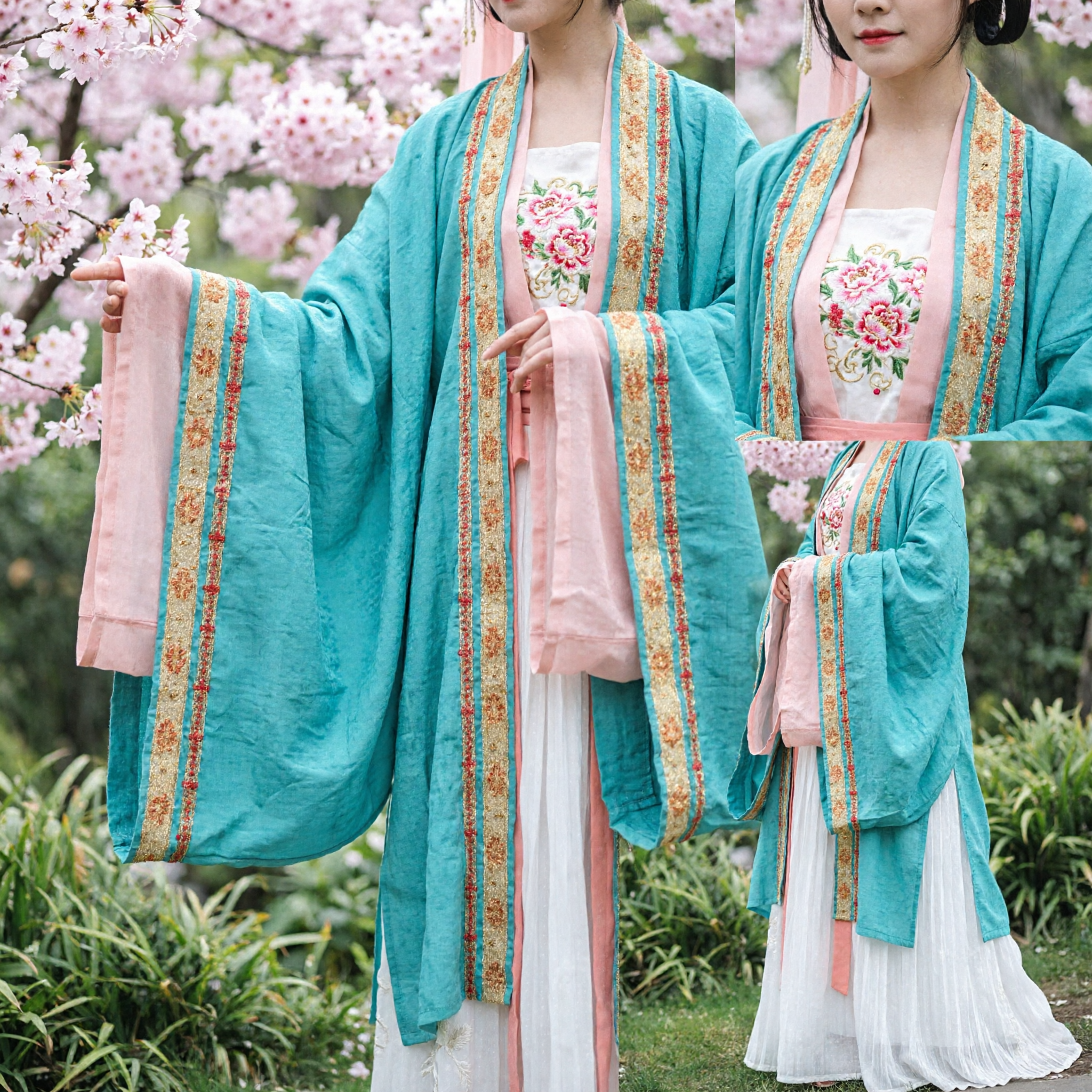 Traditional Chinese Hanfu Tang Dynasty Princess Costume Teal Embroidered Wide Sleeve Robe Set for Women