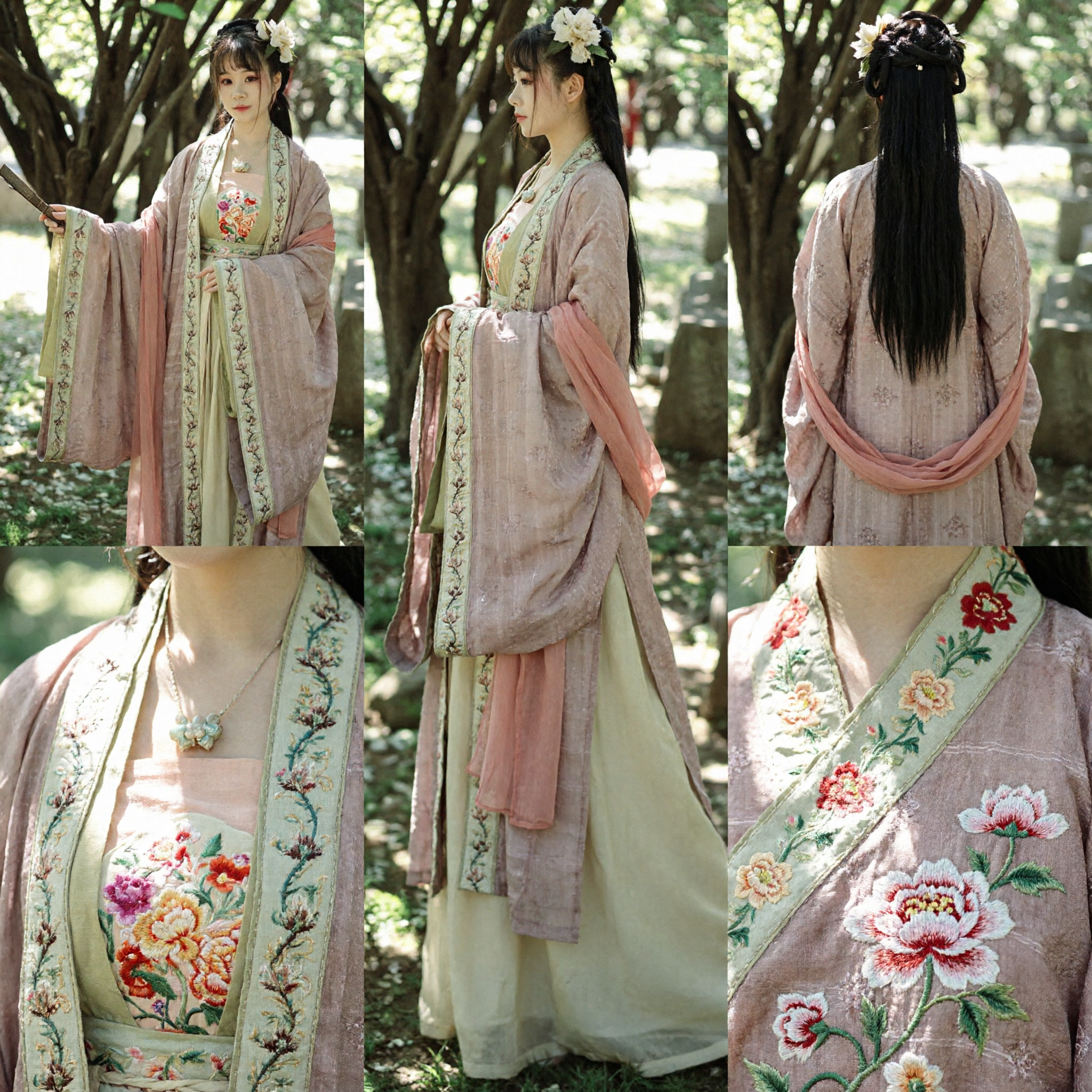 Traditional Chinese Hanfu Ancient Costume for Women Elegant Embroidered Pink Outer Robe and Green Dress Set