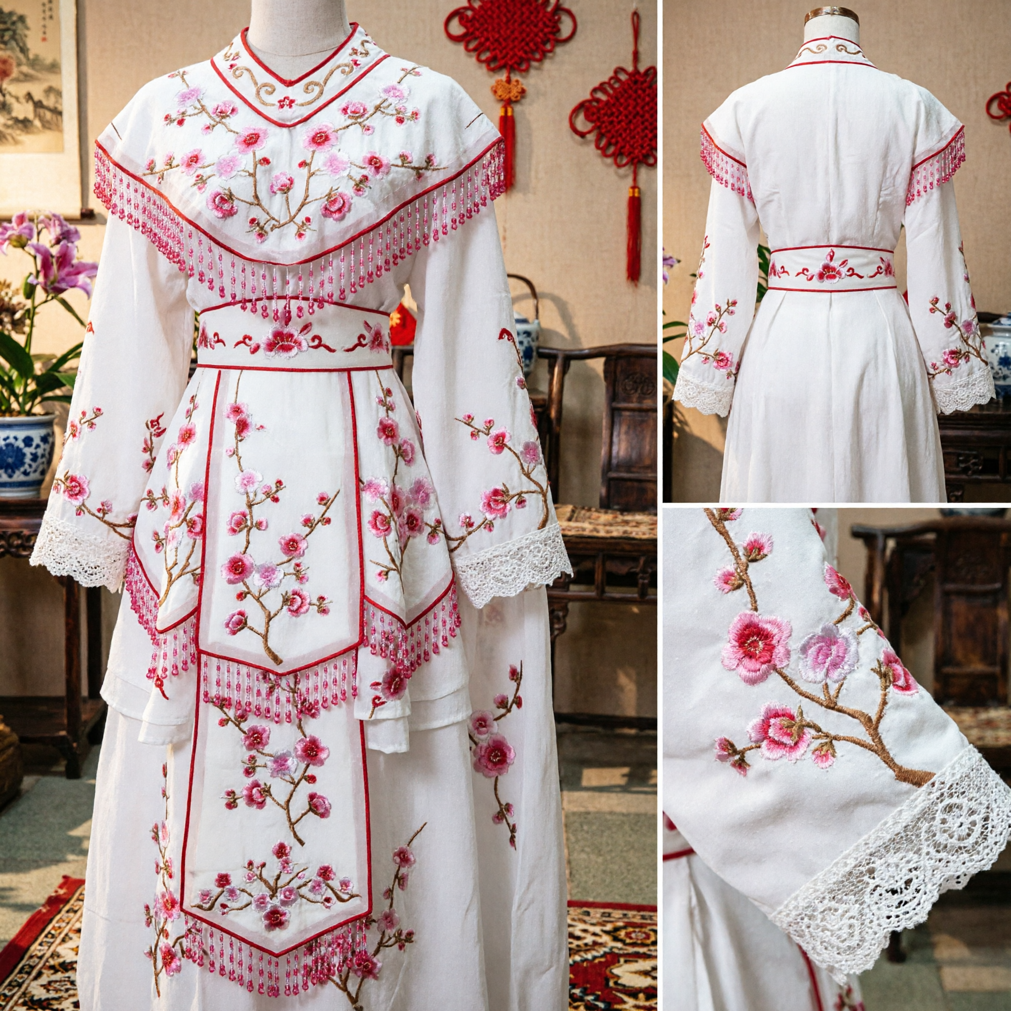 White Chinese Opera Costume Plum Blossom Embroidery Water Sleeve Dress Traditional Peking Opera Performance Wear