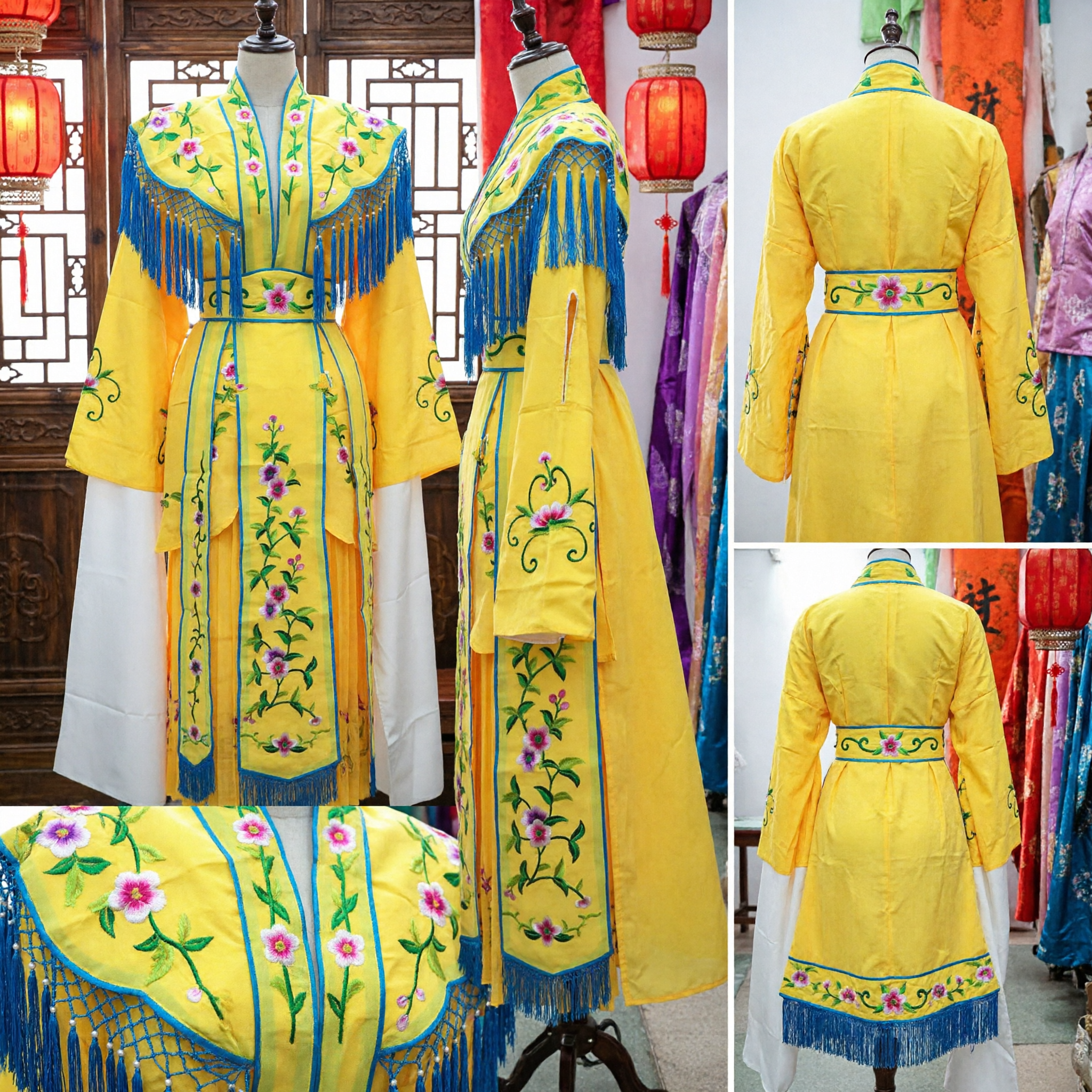 Traditional Chinese Peking Opera Yellow Robe with Floral Embroidery and Water Sleeves for Stage Performance