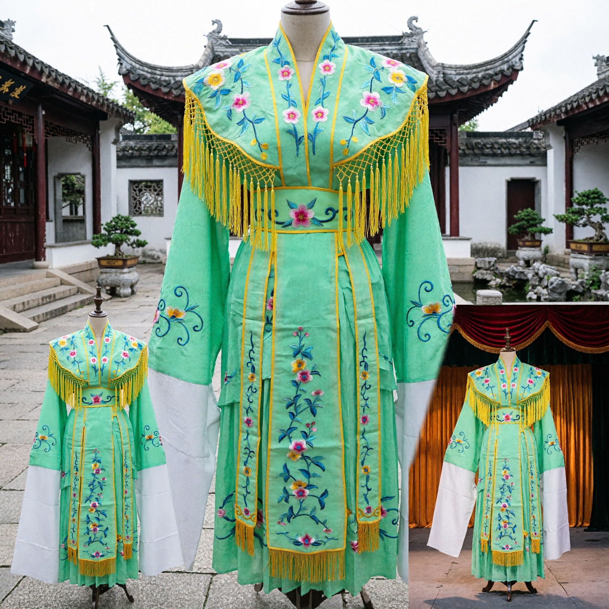 Traditional Chinese Peking Opera Costume Green Embroidered Female Warrior Robe with Water Sleeves for Stage Performance