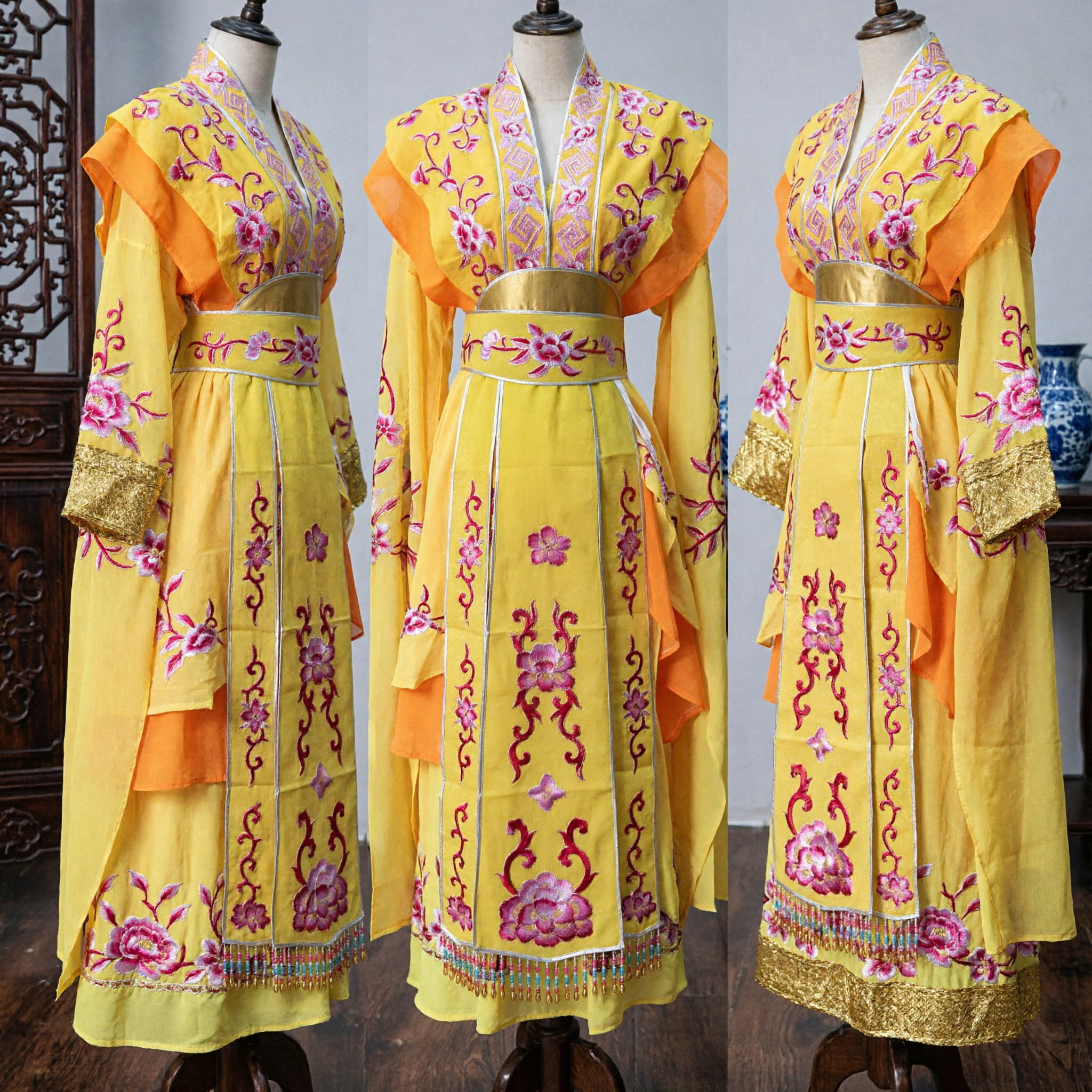 Yellow Chinese Traditional Peking Opera Costume Embroidered Floral Robe for Stage Performance and Ancient Drama