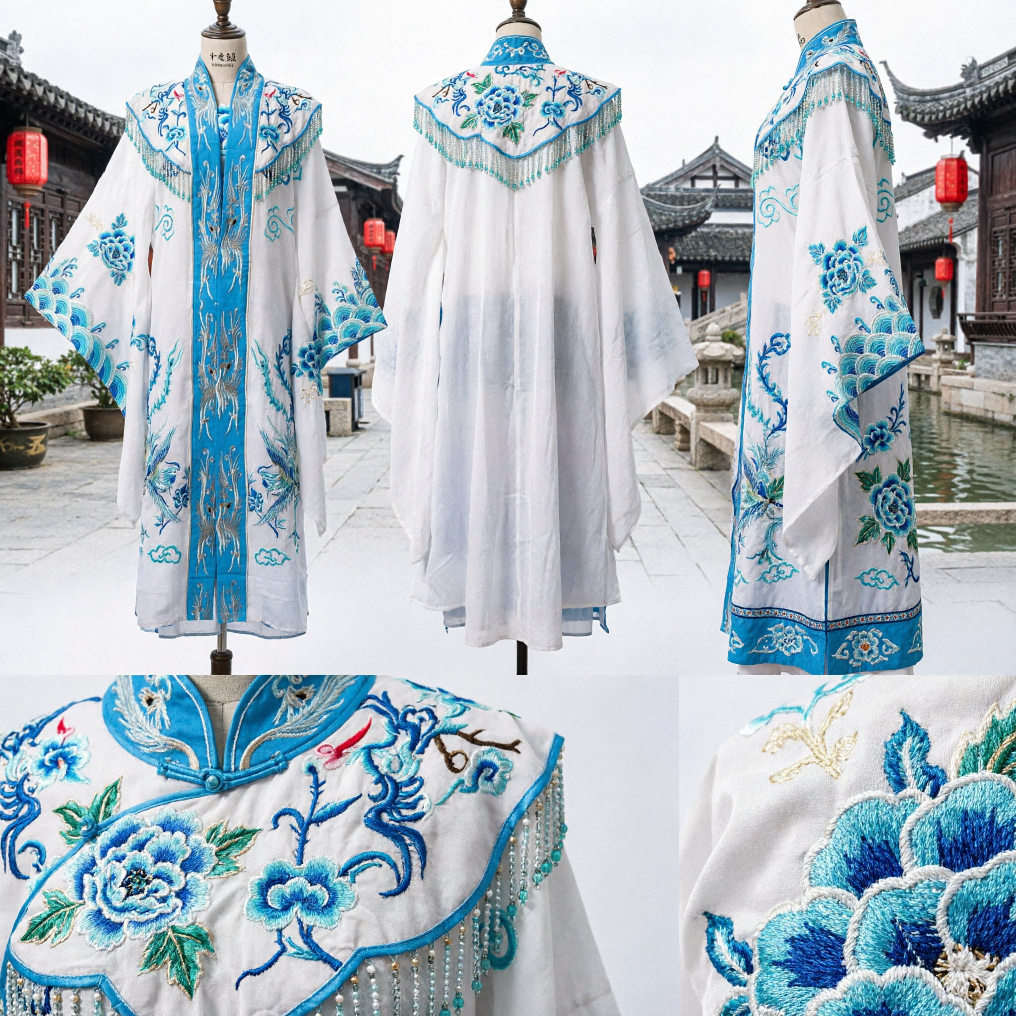 Traditional Chinese Peking Opera Costume Blue Phoenix Embroidery White Robe for Stage Performance and Cosplay
