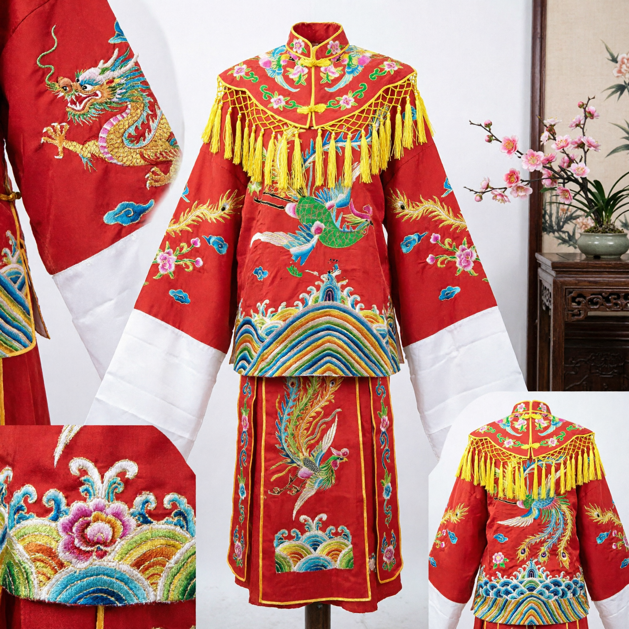 Traditional Chinese Peking Opera Costume Red Dragon and Phoenix Embroidered Robe with Tassels for Stage Performance