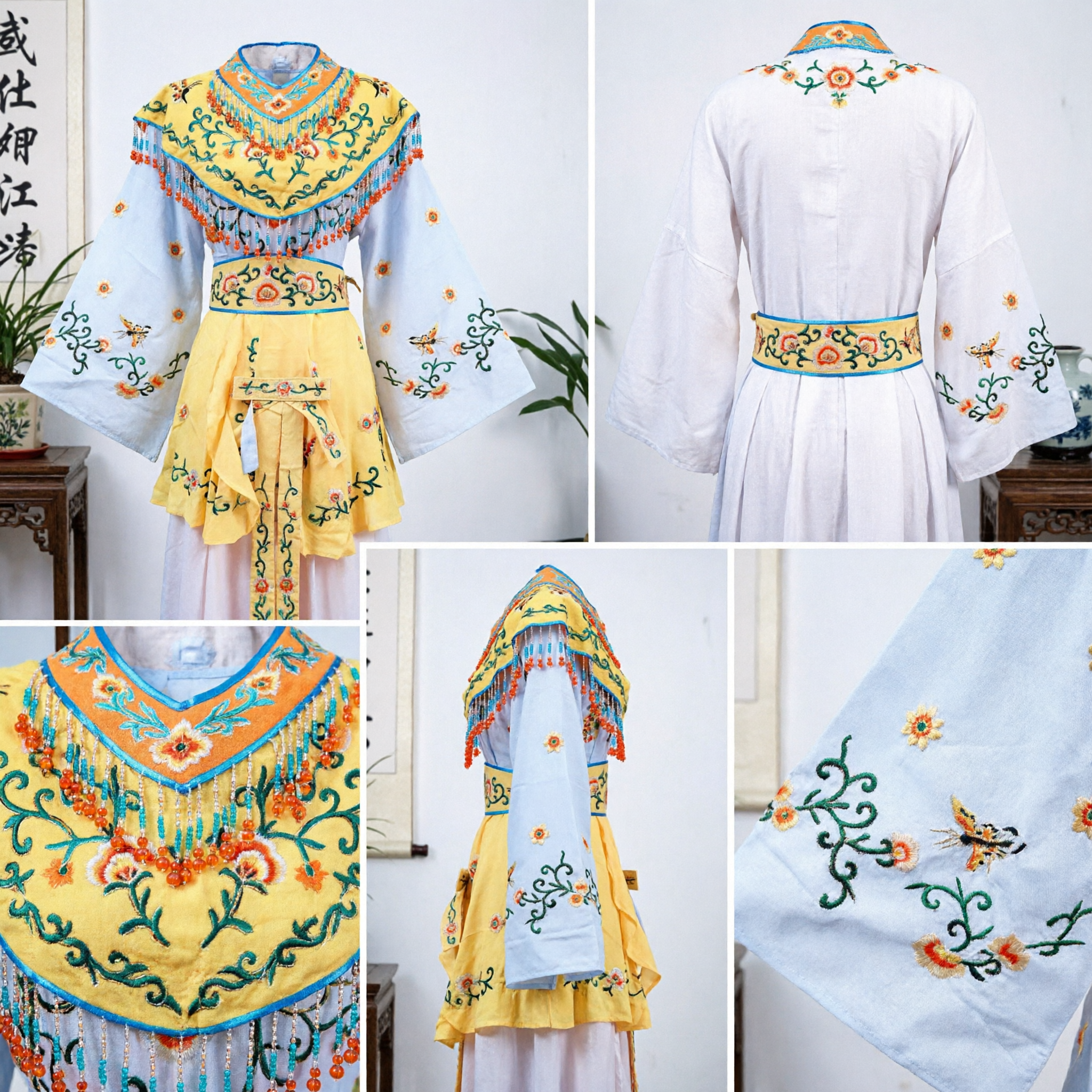 Traditional Chinese Peking Opera Costume Yellow Embroidered Cape White Sleeves Ancient Female Stage Performance Outfit