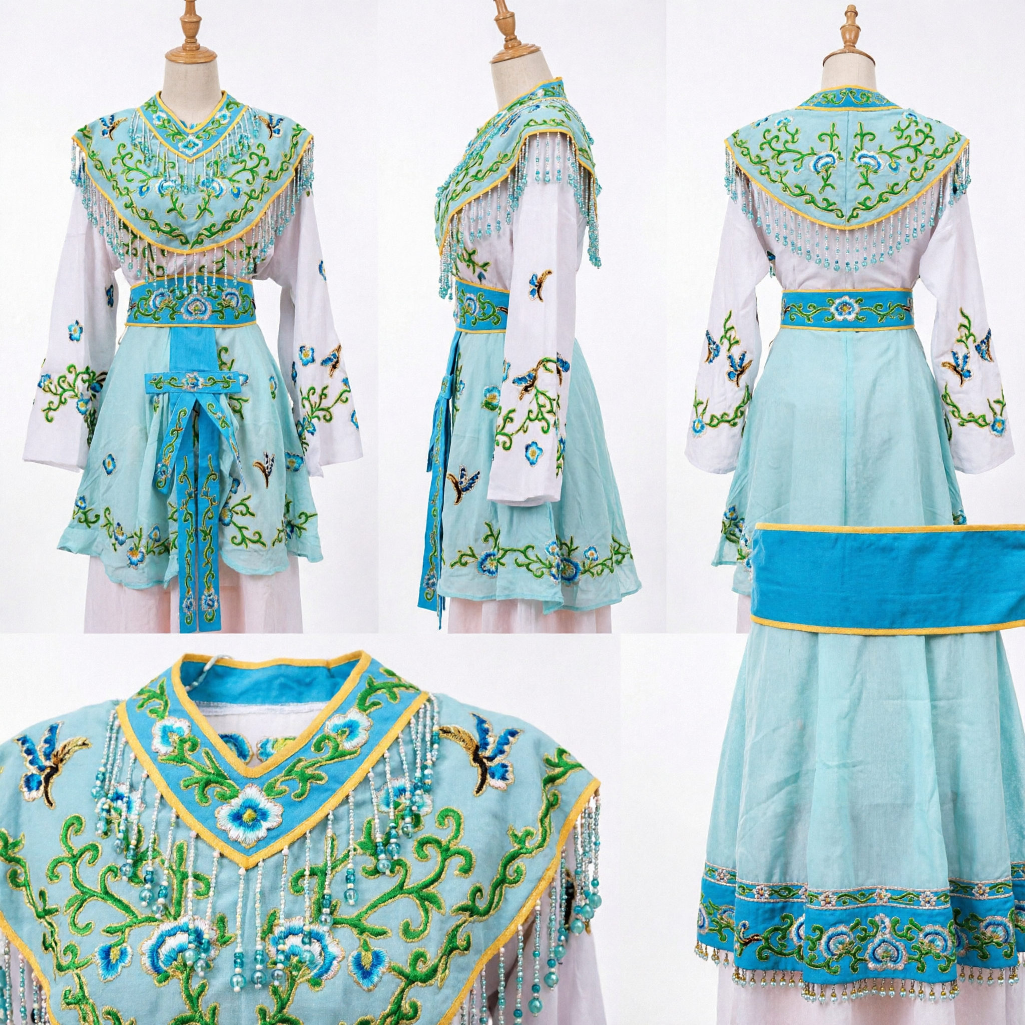 Traditional Chinese Beijing Opera Costume Blue Embroidered Cloud Shoulder Dress for Women Stage Performance Outfit