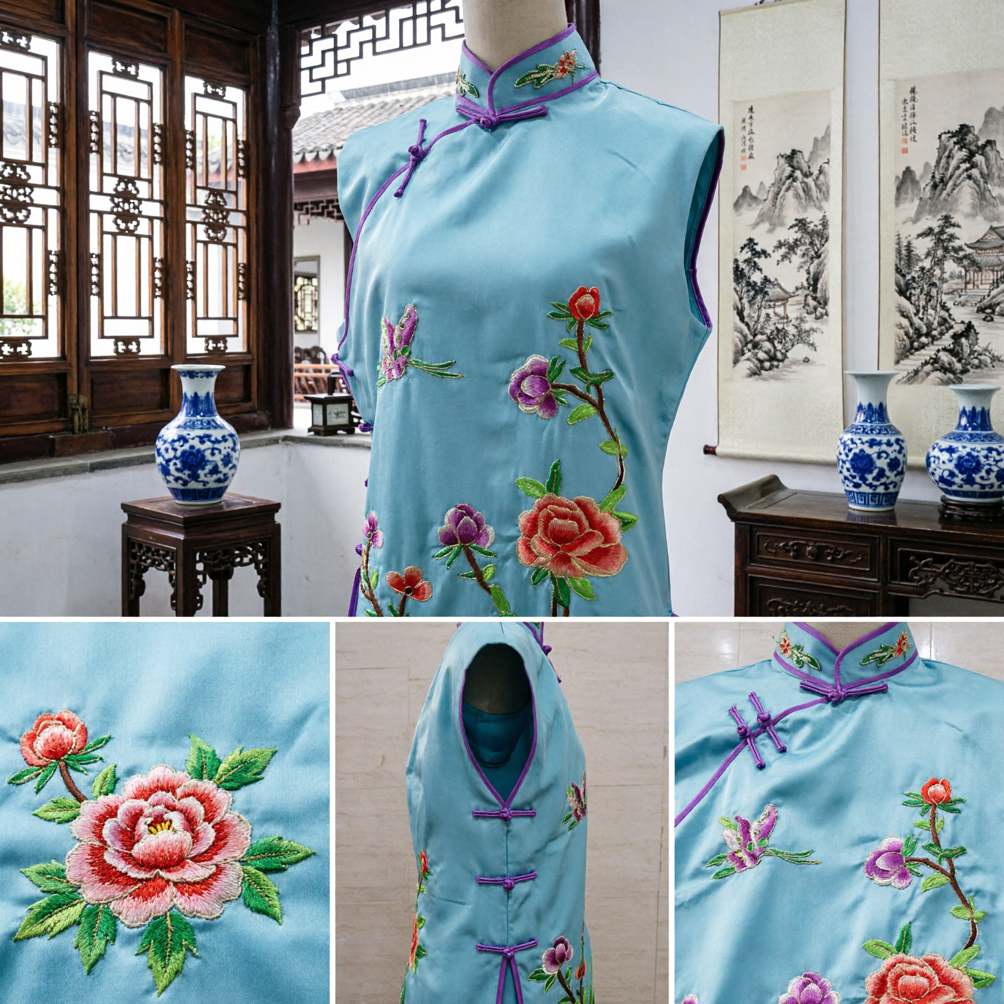 Elegant Light Blue Silk Cheongsam Top Sleeveless Floral Embroidery Traditional Chinese Style Blouse for Women