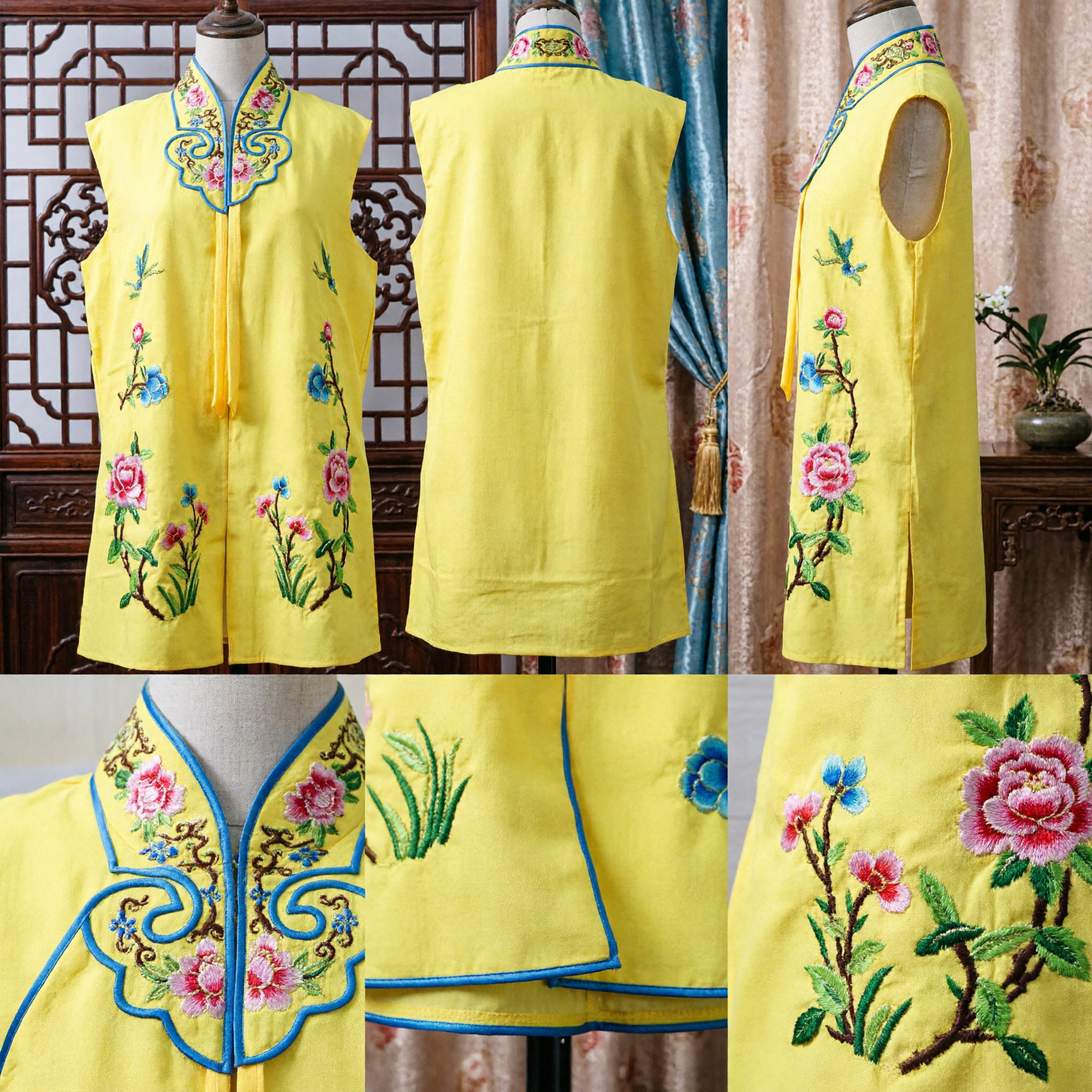 Traditional Chinese Yellow Sleeveless Embroidered Vest Peking Opera Costume Ancient Mandarin Collar Waistcoat for Stage Performance