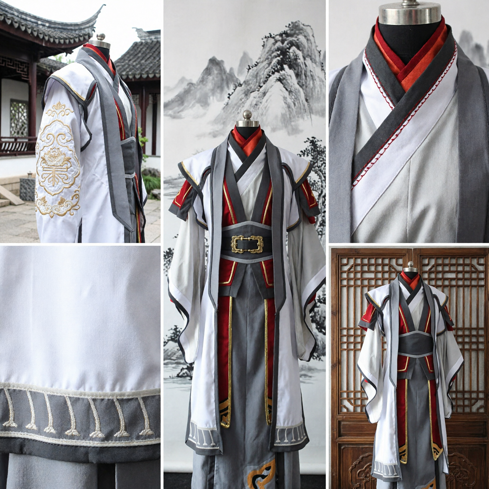 Ancient Chinese Swordsman Hanfu Costume Men's Traditional Wuxia Cosplay Outfit White Red Robe for Performance