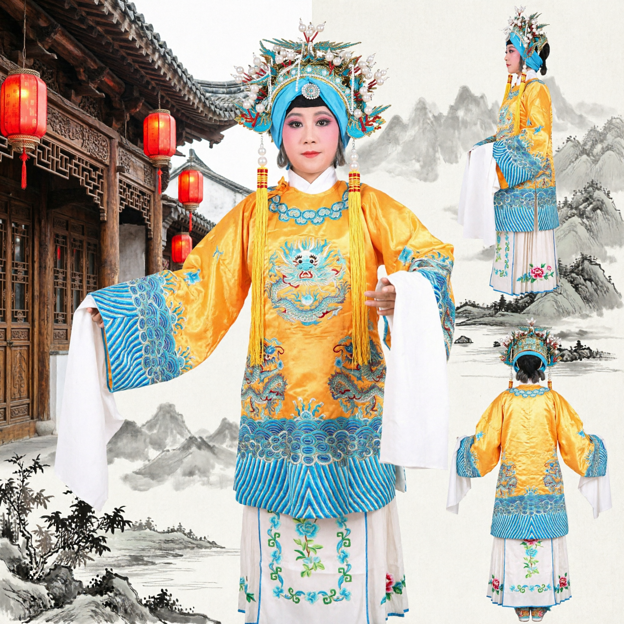 Traditional Chinese Peking Opera Costume Yellow Dragon Robe Ancient Emperor Outfit for Stage Performance