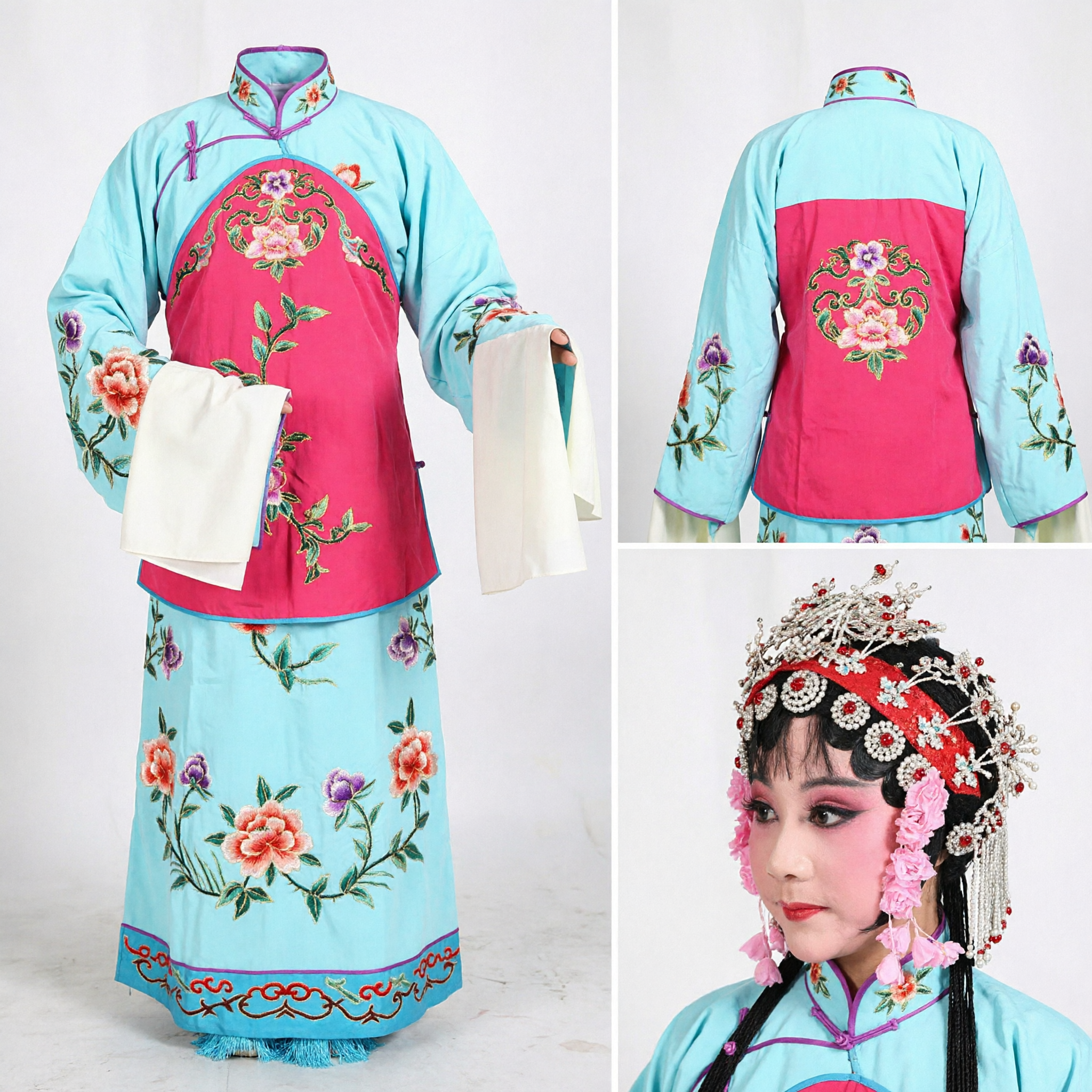 Traditional Chinese Beijing Opera Costume Blue Pink Embroidered Dress for Female Dan Role Stage Performance