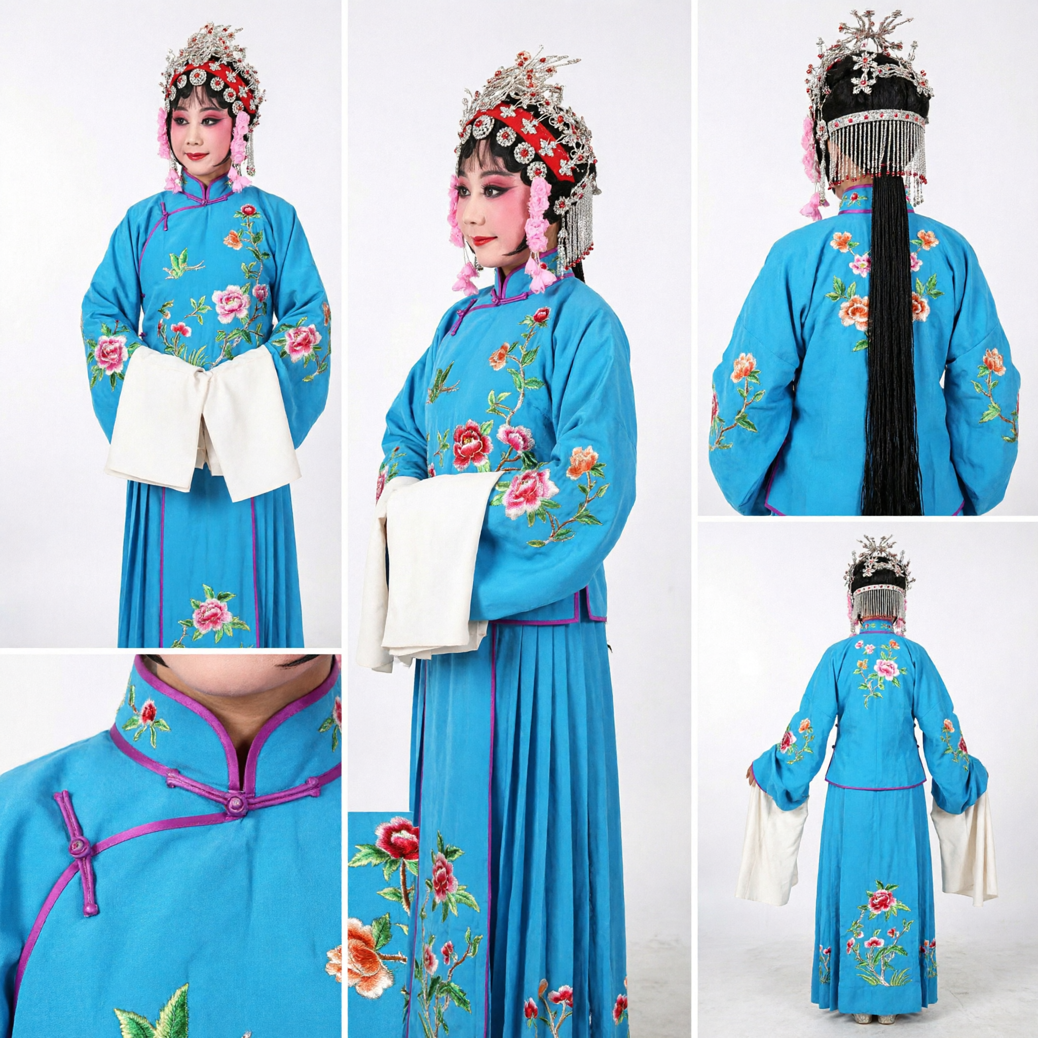 Traditional Chinese Peking Opera Costume Blue Embroidered Female Dan Role Stage Performance Outfit Complete Set