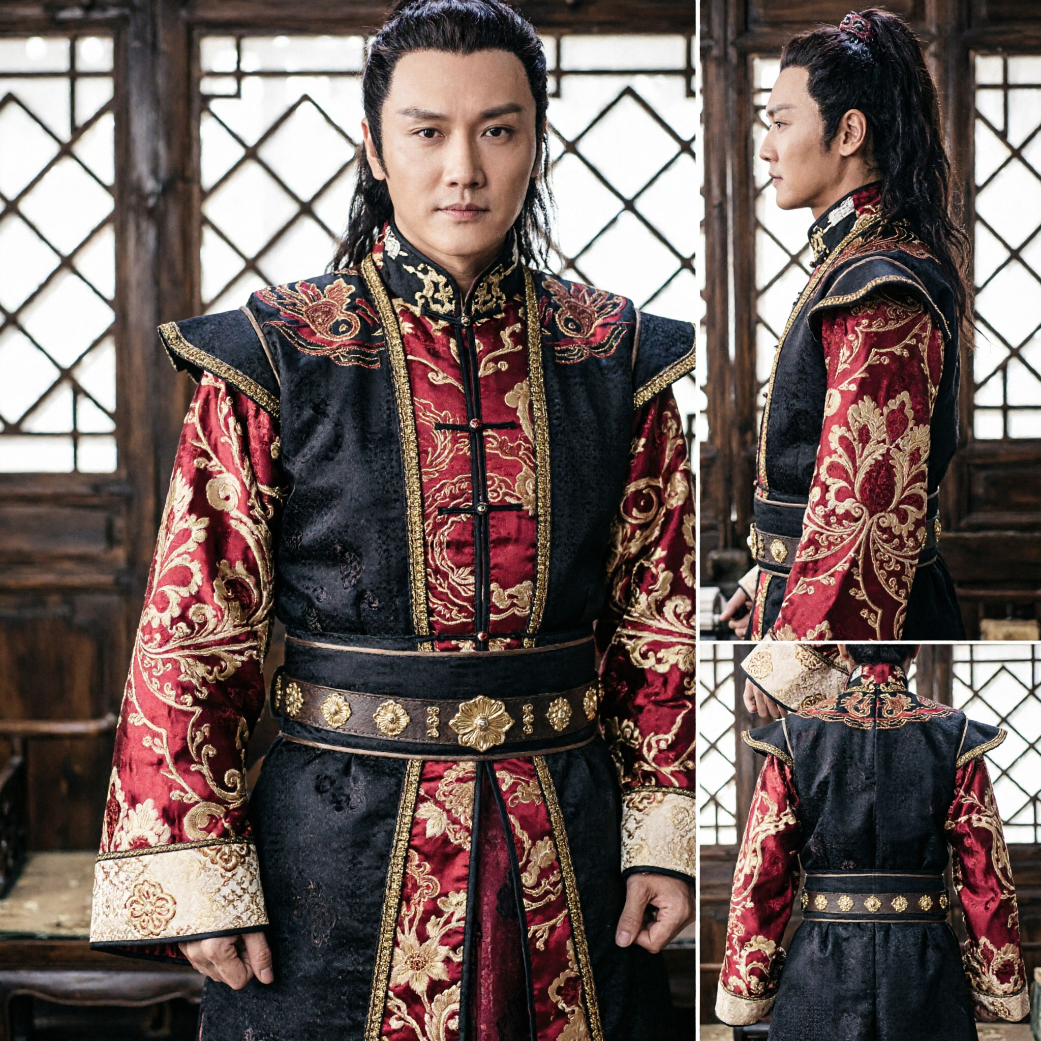 Men's Ancient Chinese Prince Hanfu Costume Red Black Gold Embroidery Robe for Cosplay and Historical Drama
