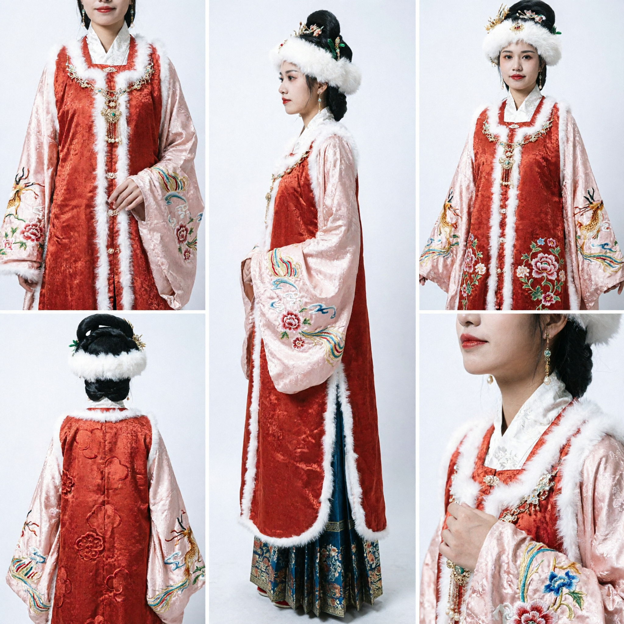 Traditional Chinese Hanfu Ming Dynasty Winter Red Robe with White Fur Trim Ancient Costume for Women