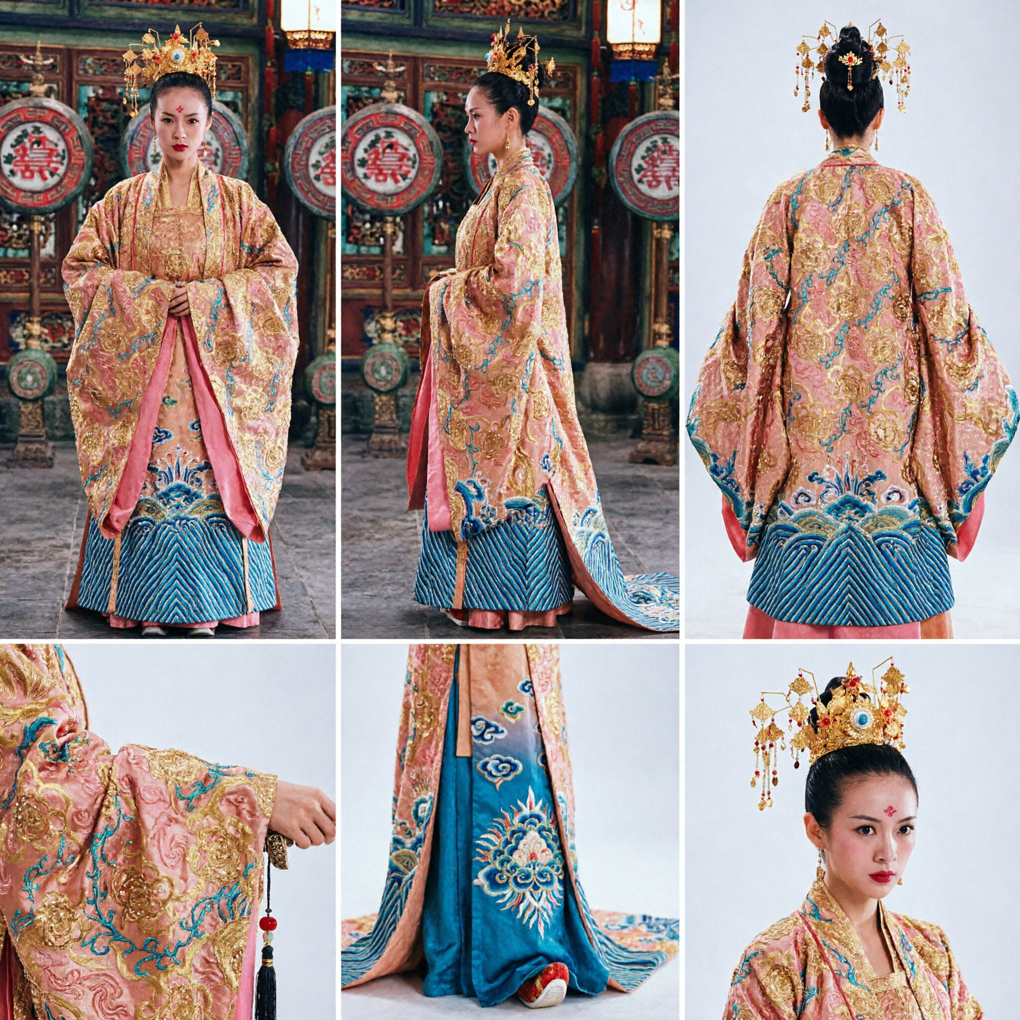 Ancient Chinese Tang Dynasty Empress Costume Pink Gold Embroidered Hanfu Dress with Headdress for Women