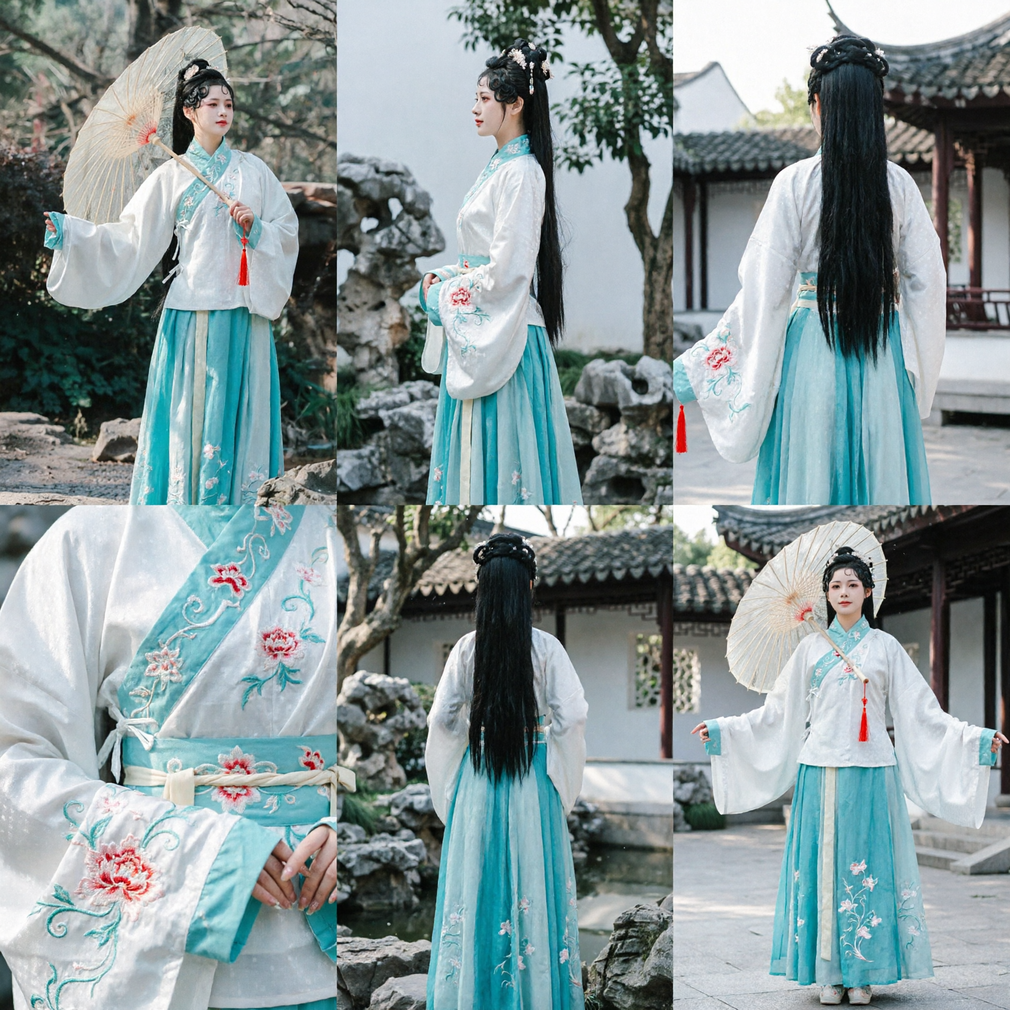 Traditional Chinese Hanfu Costume for Women Ancient Embroidered White Top and Blue Skirt Set with Parasol