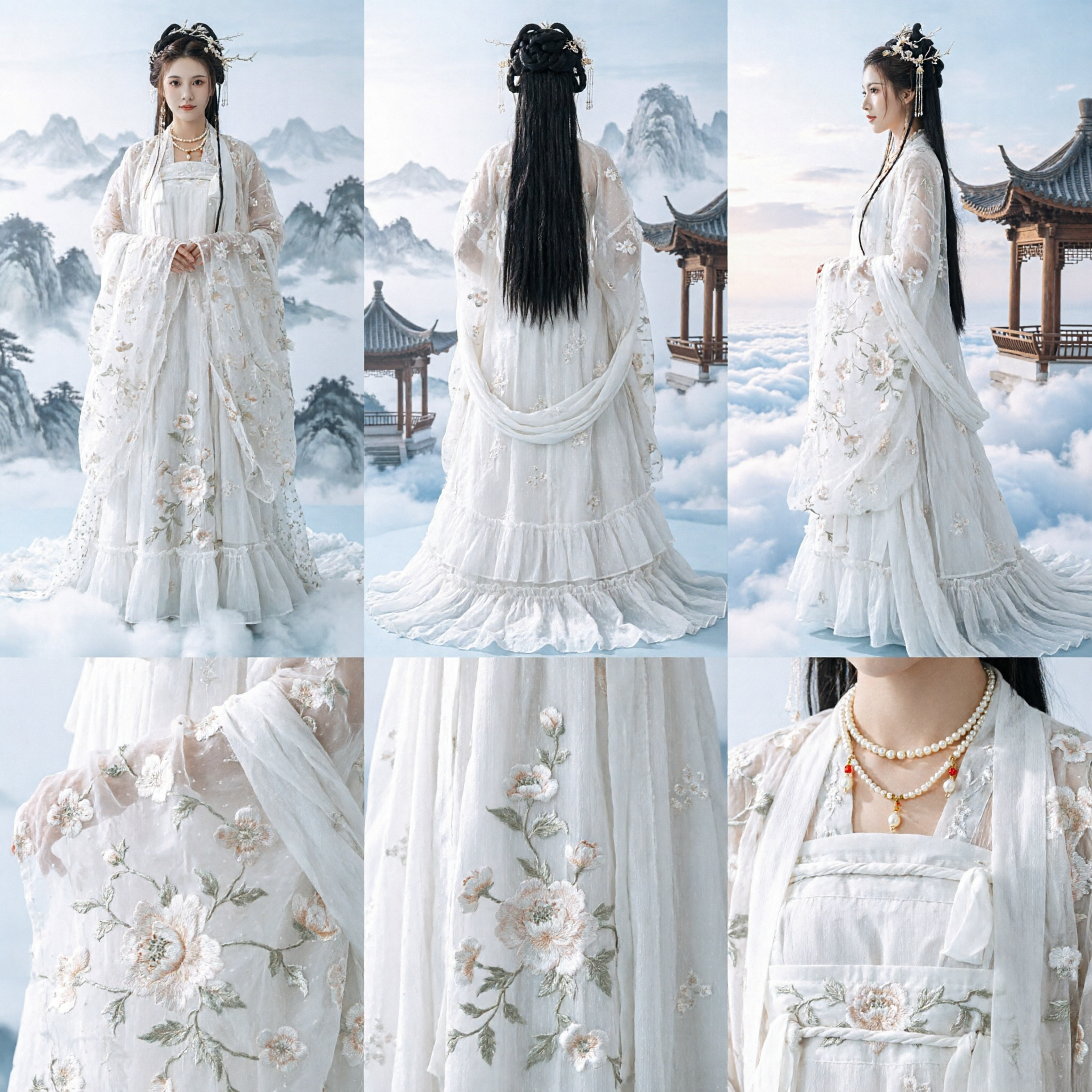 Elegant White Chinese Hanfu Fairy Dress Traditional Ancient Costume Floral Embroidery Gown for Women