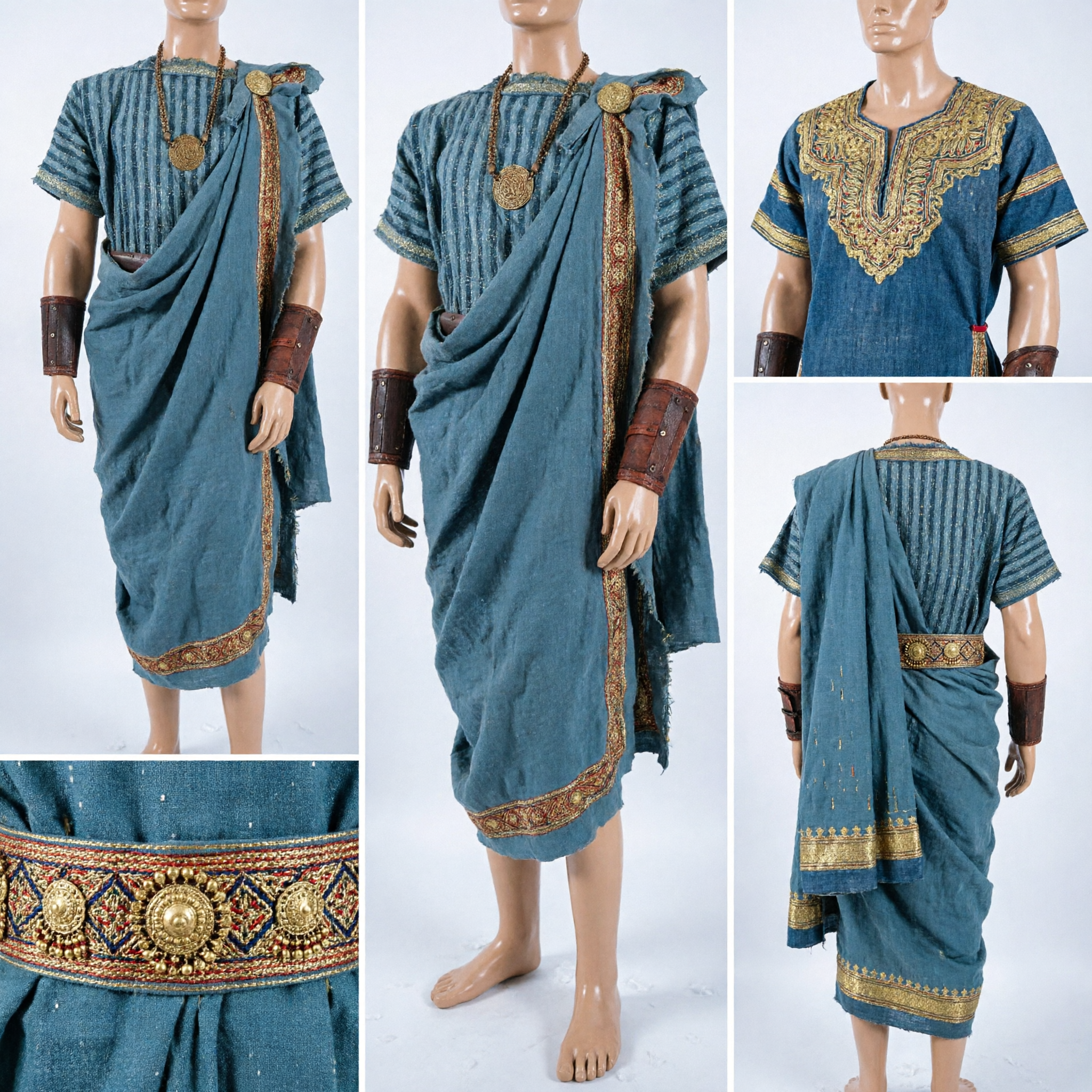Ancient Roman Toga Costume for Men Blue Striped Tunic Historical Clothing for Stage Performance Cosplay