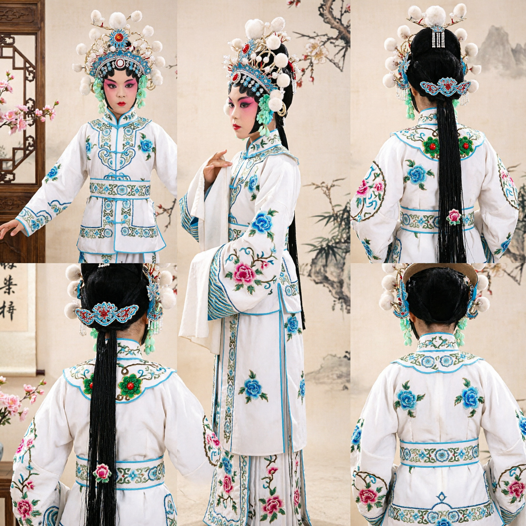 Traditional Chinese Peking Opera Kids Costume White Blue Female Warrior Outfit with Sword and Headdress